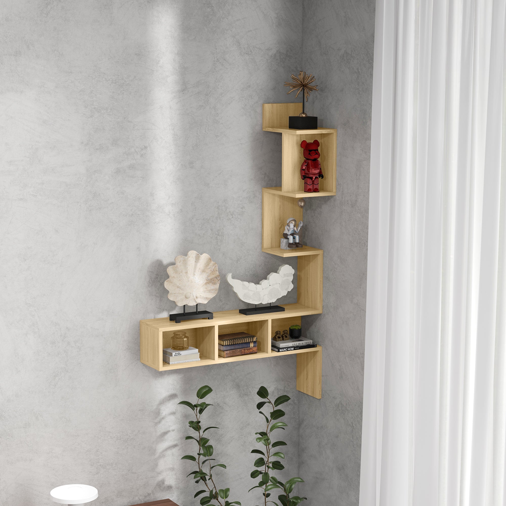 Wall Shelf in MDF with Open Shelves for Living Room and Bedroom, 80x20x128.5 cm, Oak color