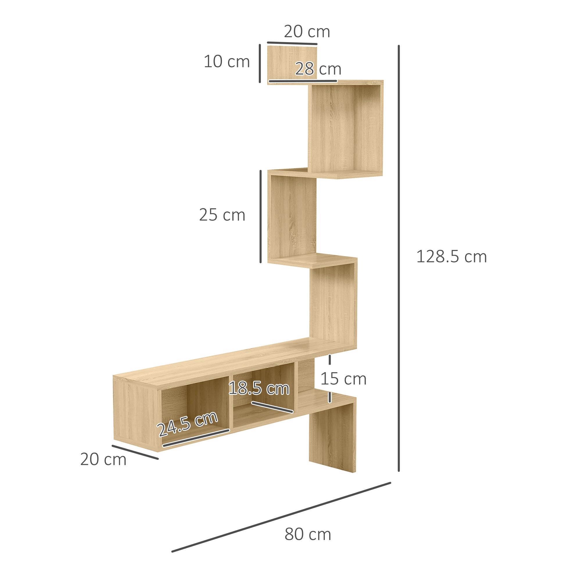 Wall Shelf in MDF with Open Shelves for Living Room and Bedroom, 80x20x128.5 cm, Oak color
