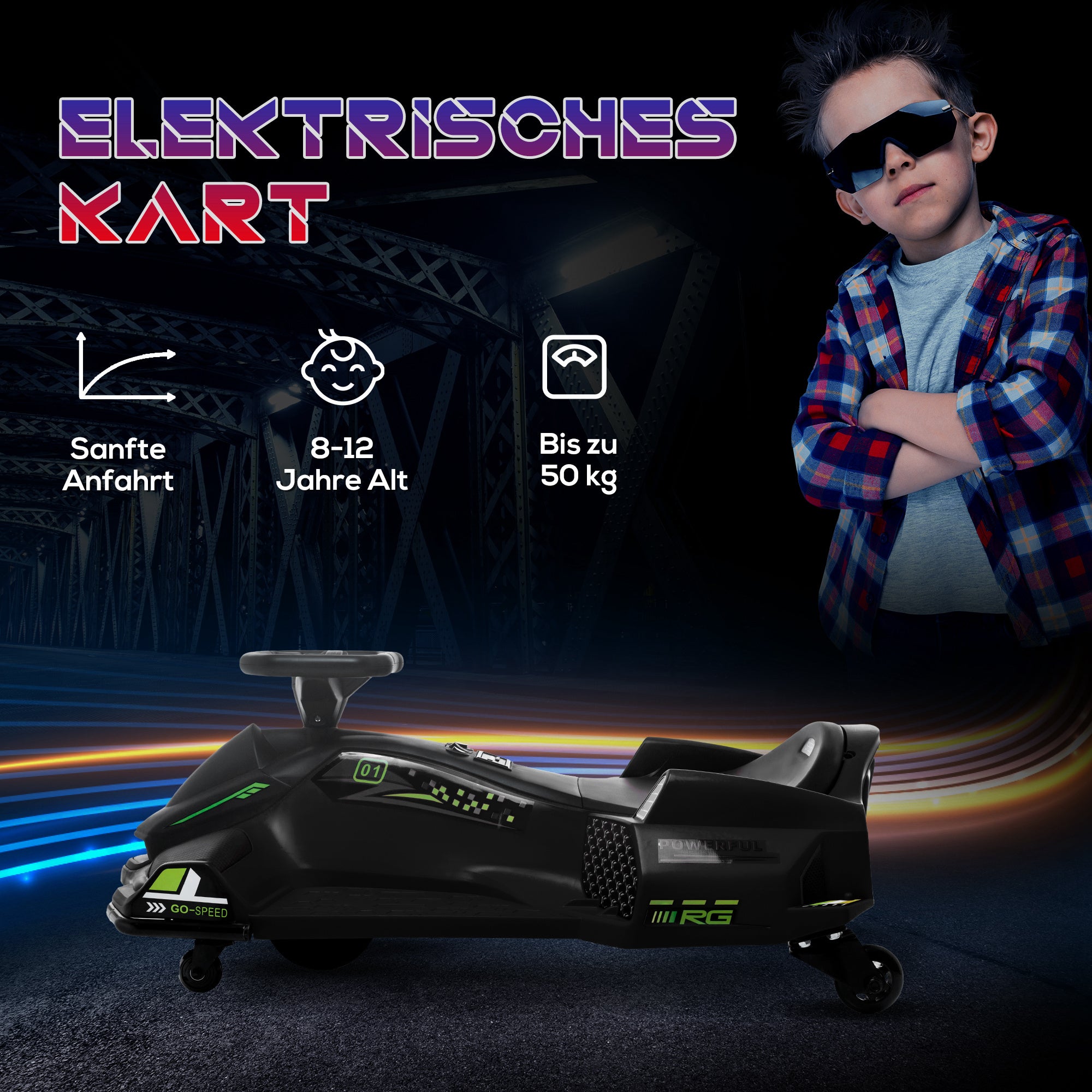 Kids Electric Go-Kart 12V 3-8 km/h Drift Kart with Drift Mode, Slow Start, Go-Kart with Lights Music, Safety Belt Children's Vehicle for 8-12 Years Kids Black