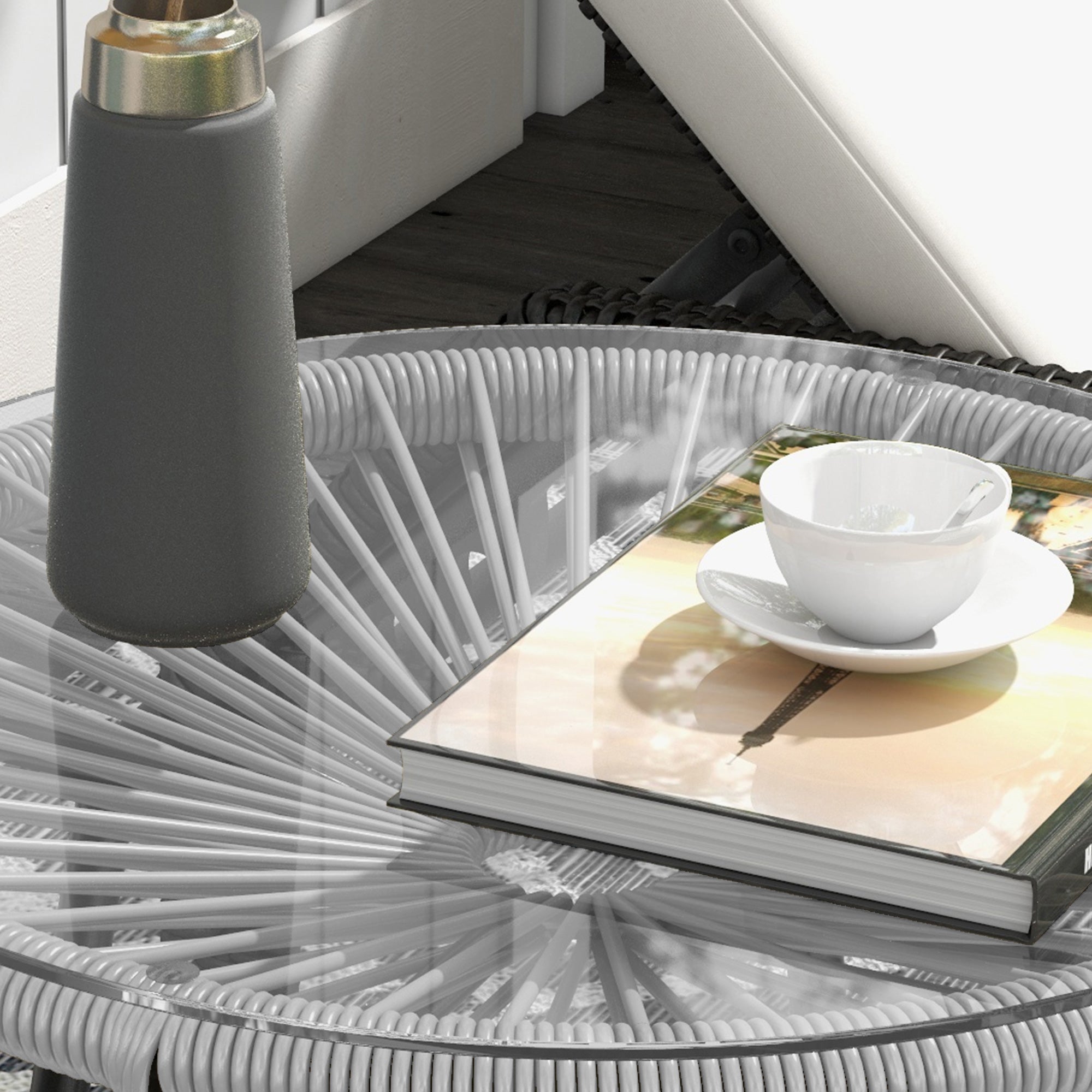 side table made of PE rattan round coffee table with glass tabletop tray garden table outdoor furniture coffee table sofa table bistro table for garden patio balcony, 50 x 50 x 50 cm, Gray