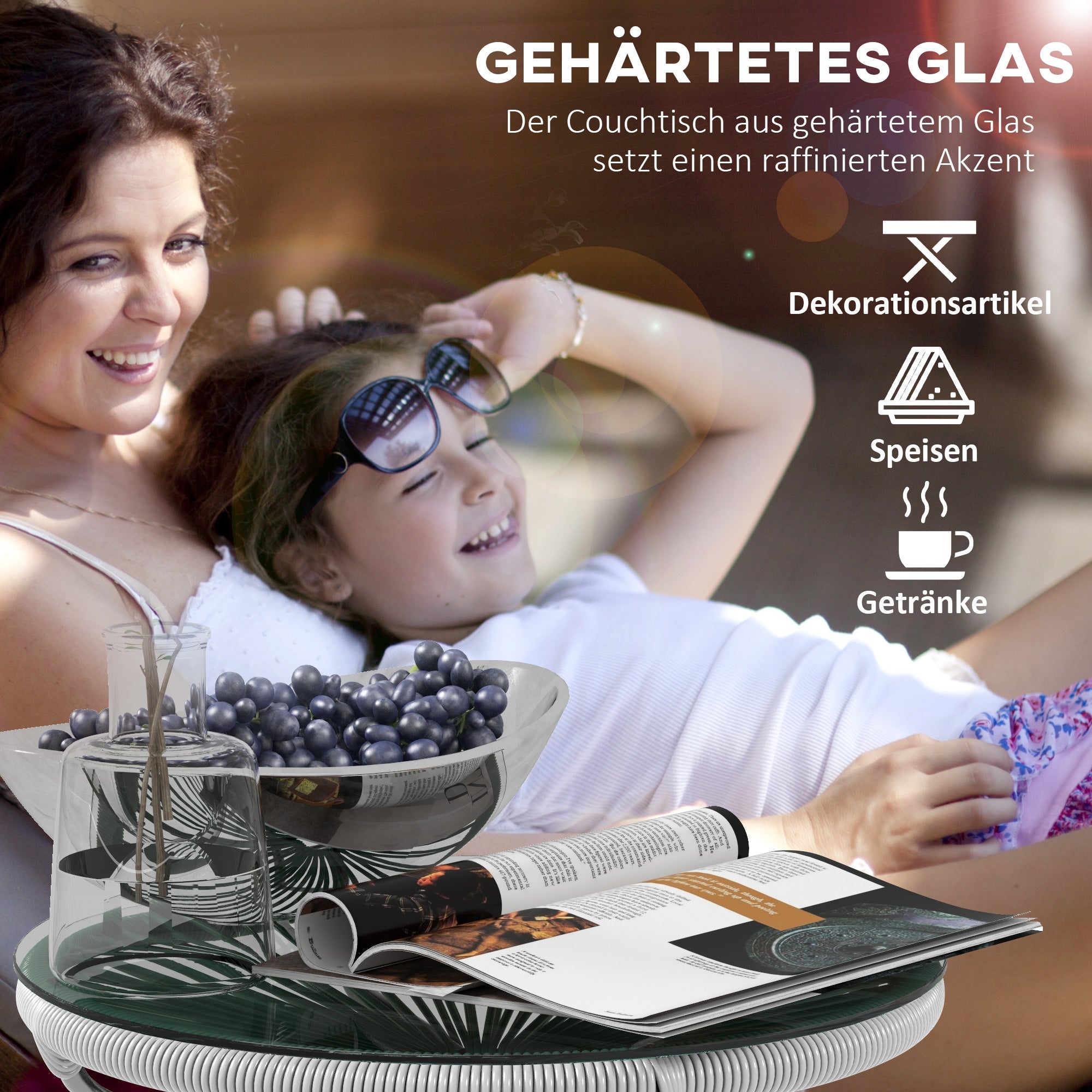 side table made of PE rattan round coffee table with glass tabletop tray garden table outdoor furniture coffee table sofa table bistro table for garden patio balcony, 50 x 50 x 50 cm, Gray