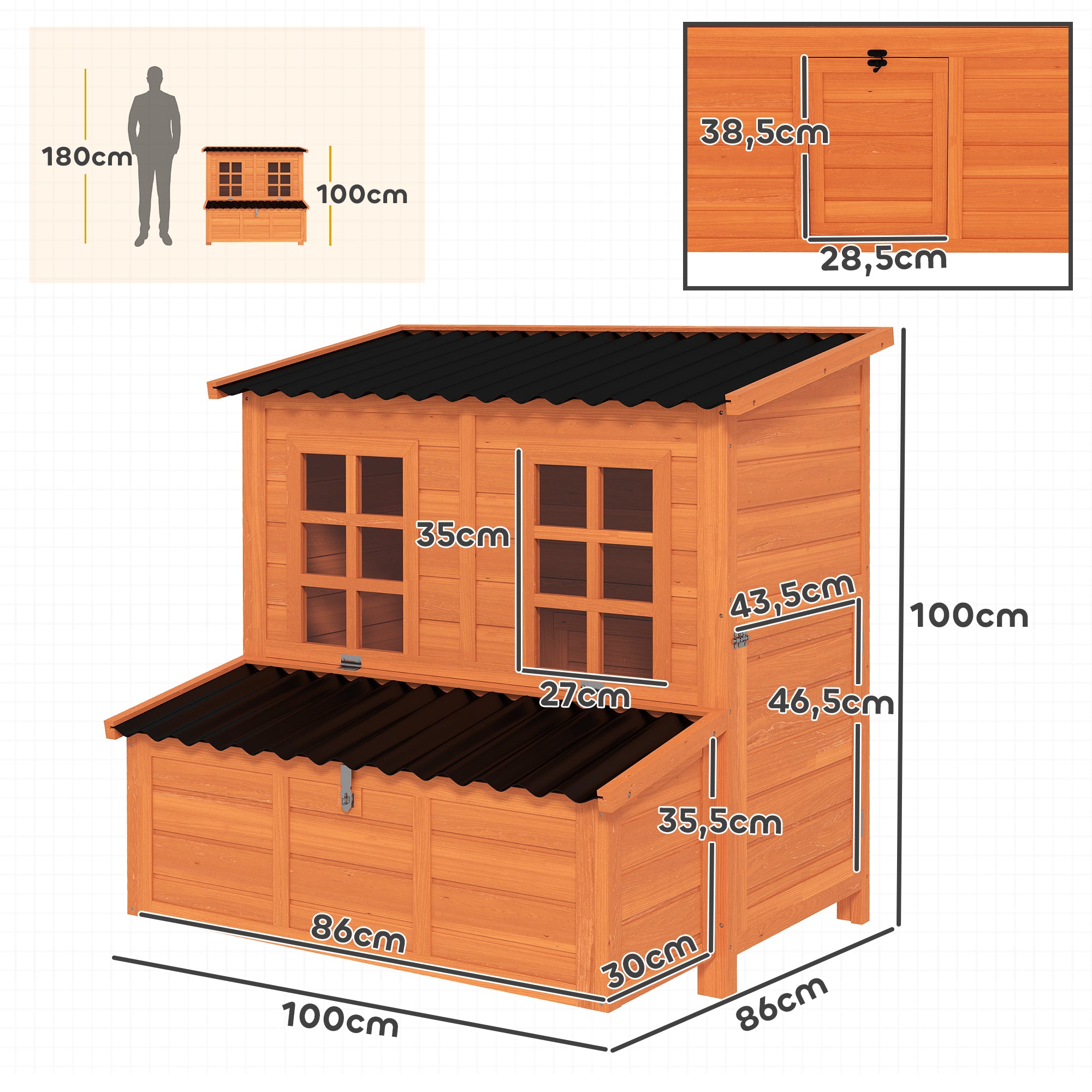 Wooden Chicken Coop 39.4×33.9×39.4 in (100×86×100 cm) — Run Access, Nest Box, Waterproof Roof, 2 Roosts, Convertible Ramp, for 4–6 Hens (Orange)