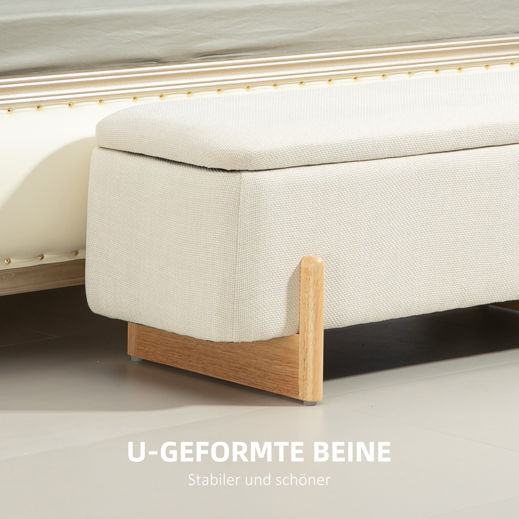 Storage Bench, Upholstered Bench with Linen Look, Wooden Legs, Bed Bench with Safety Hinges for Living Room, Bedroom, Hallway, 111 x 44 x 44.5 cm, Cream