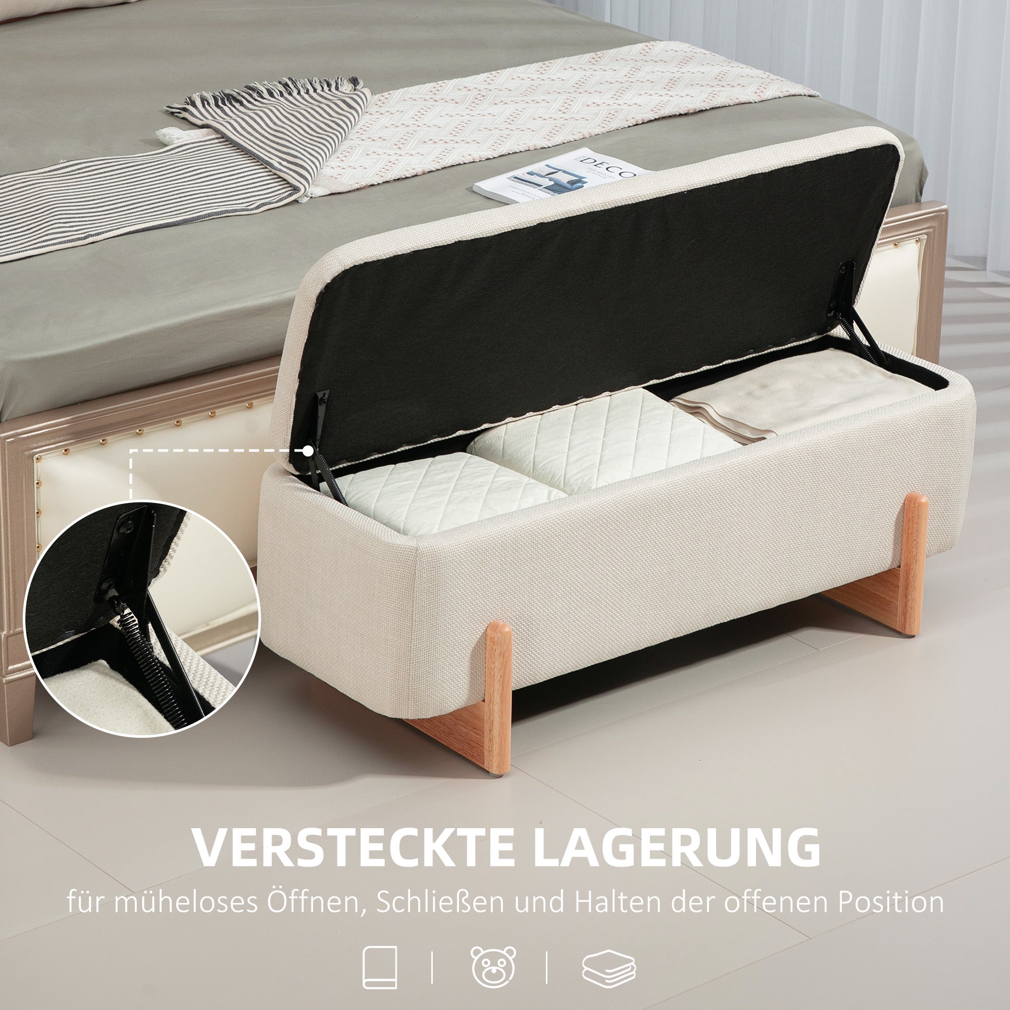 Storage Bench, Upholstered Bench with Linen Look, Wooden Legs, Bed Bench with Safety Hinges for Living Room, Bedroom, Hallway, 111 x 44 x 44.5 cm, Cream