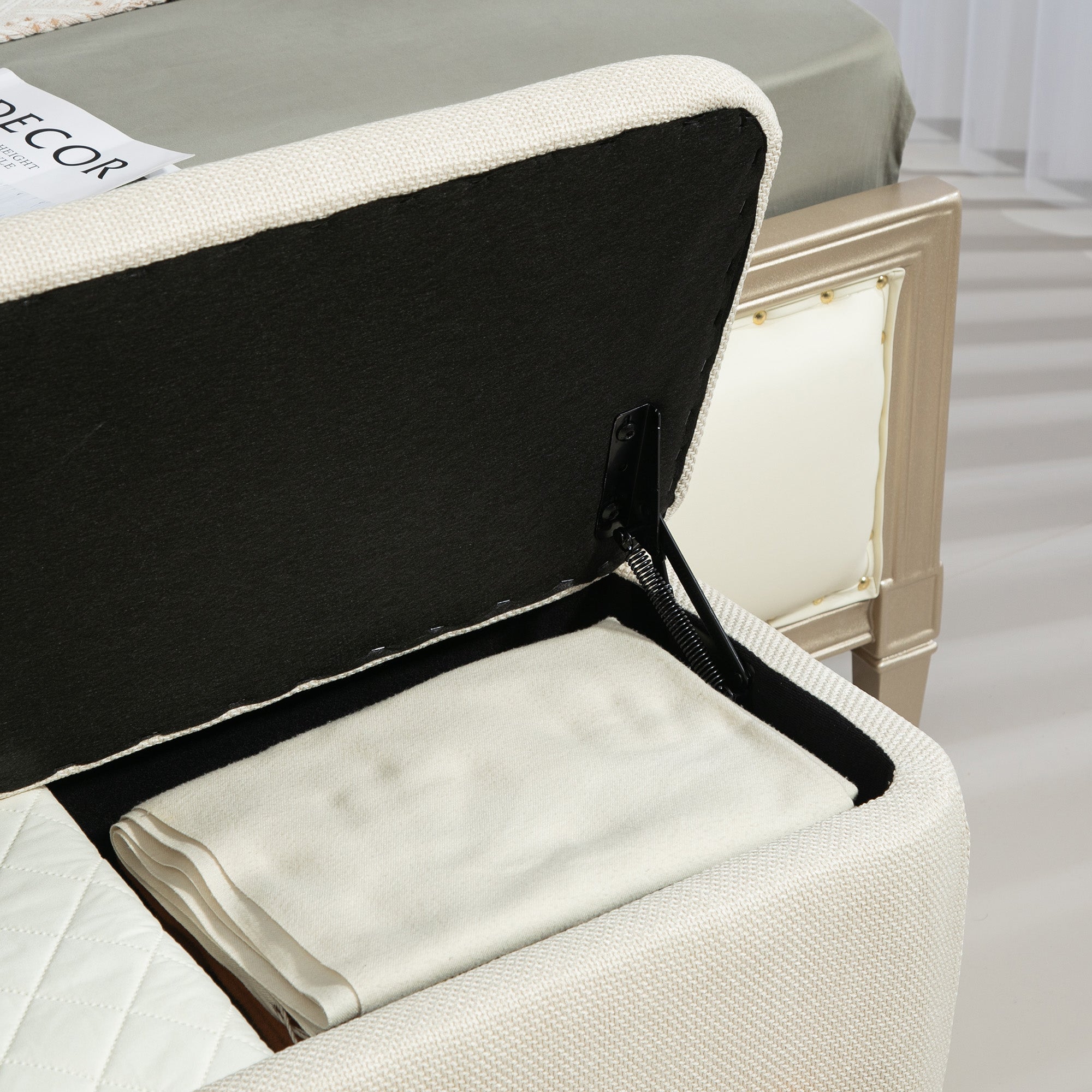 Storage Bench, Upholstered Bench with Linen Look, Wooden Legs, Bed Bench with Safety Hinges for Living Room, Bedroom, Hallway, 111 x 44 x 44.5 cm, Cream