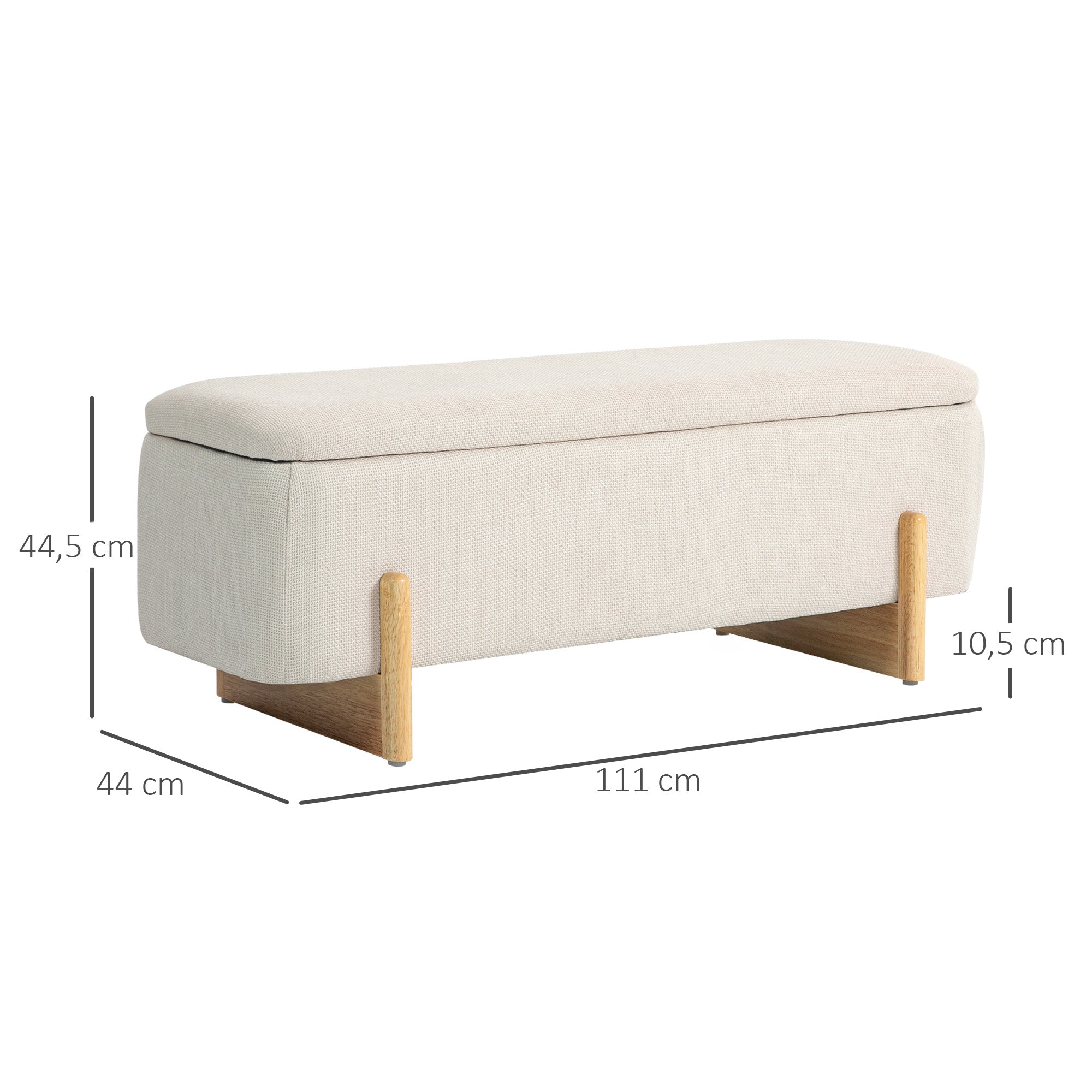 Storage Bench, Upholstered Bench with Linen Look, Wooden Legs, Bed Bench with Safety Hinges for Living Room, Bedroom, Hallway, 111 x 44 x 44.5 cm, Cream