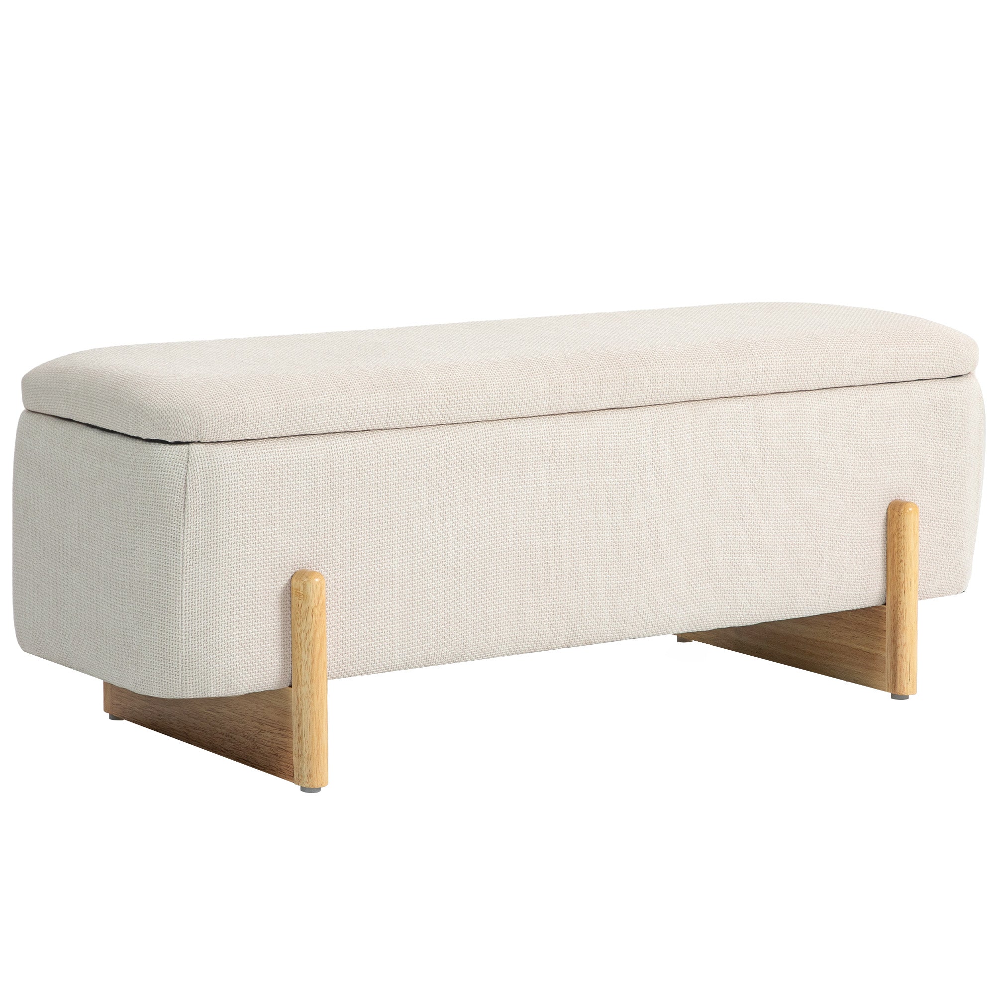 Storage Bench, Upholstered Bench with Linen Look, Wooden Legs, Bed Bench with Safety Hinges for Living Room, Bedroom, Hallway, 111 x 44 x 44.5 cm, Cream
