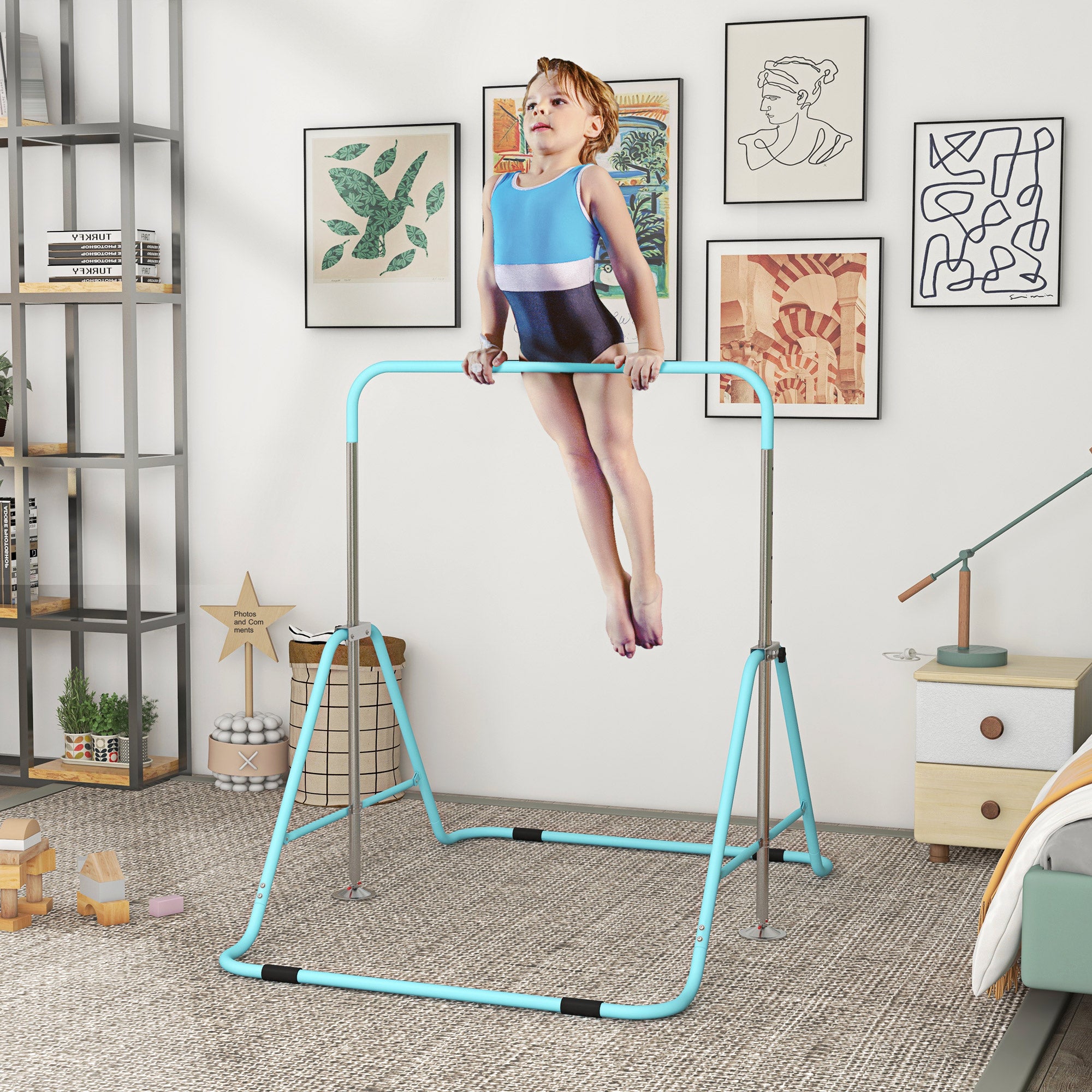 Folding Gymnastics Horizontal Bar for Kids - Adjustable Height from 88 to 128 cm - with Triangular Steel Base - Green