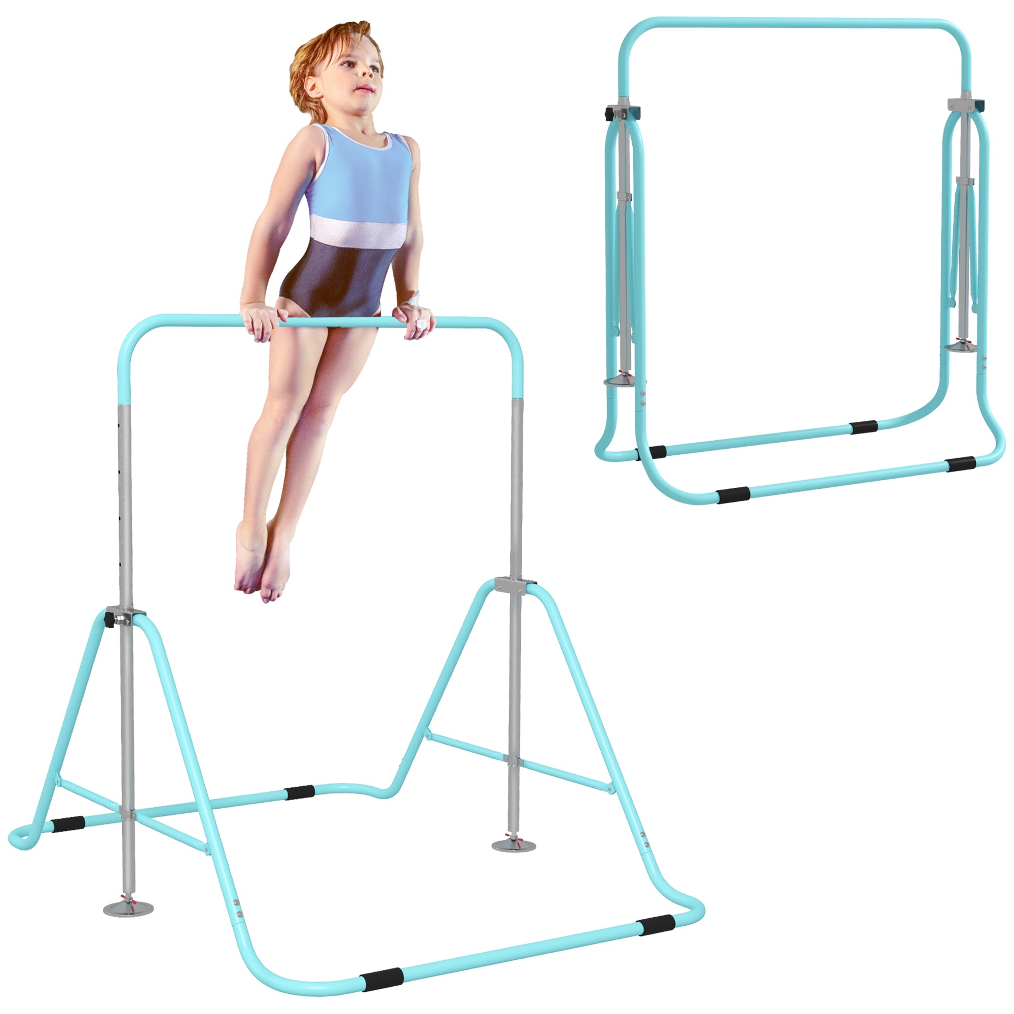 Folding Gymnastics Horizontal Bar for Kids - Adjustable Height from 88 to 128 cm - with Triangular Steel Base - Green