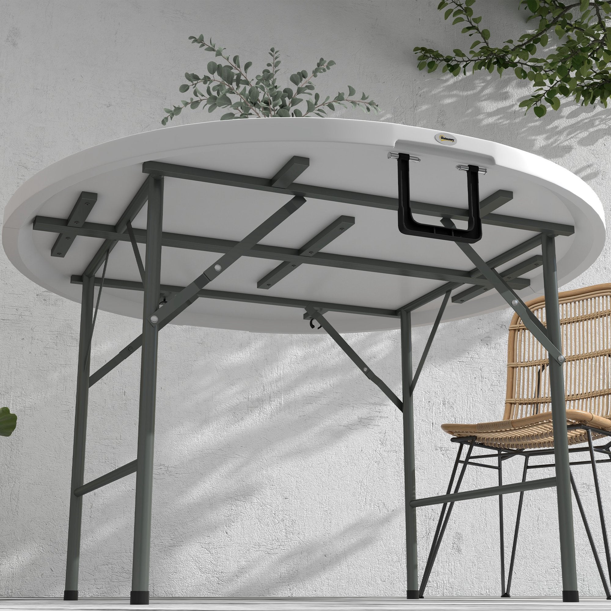 Round Side Table Folding Garden Table with Steel Frame and HDPE Top Load 80 kg for Indoor and Outdoor Use Ø122x73 cm White