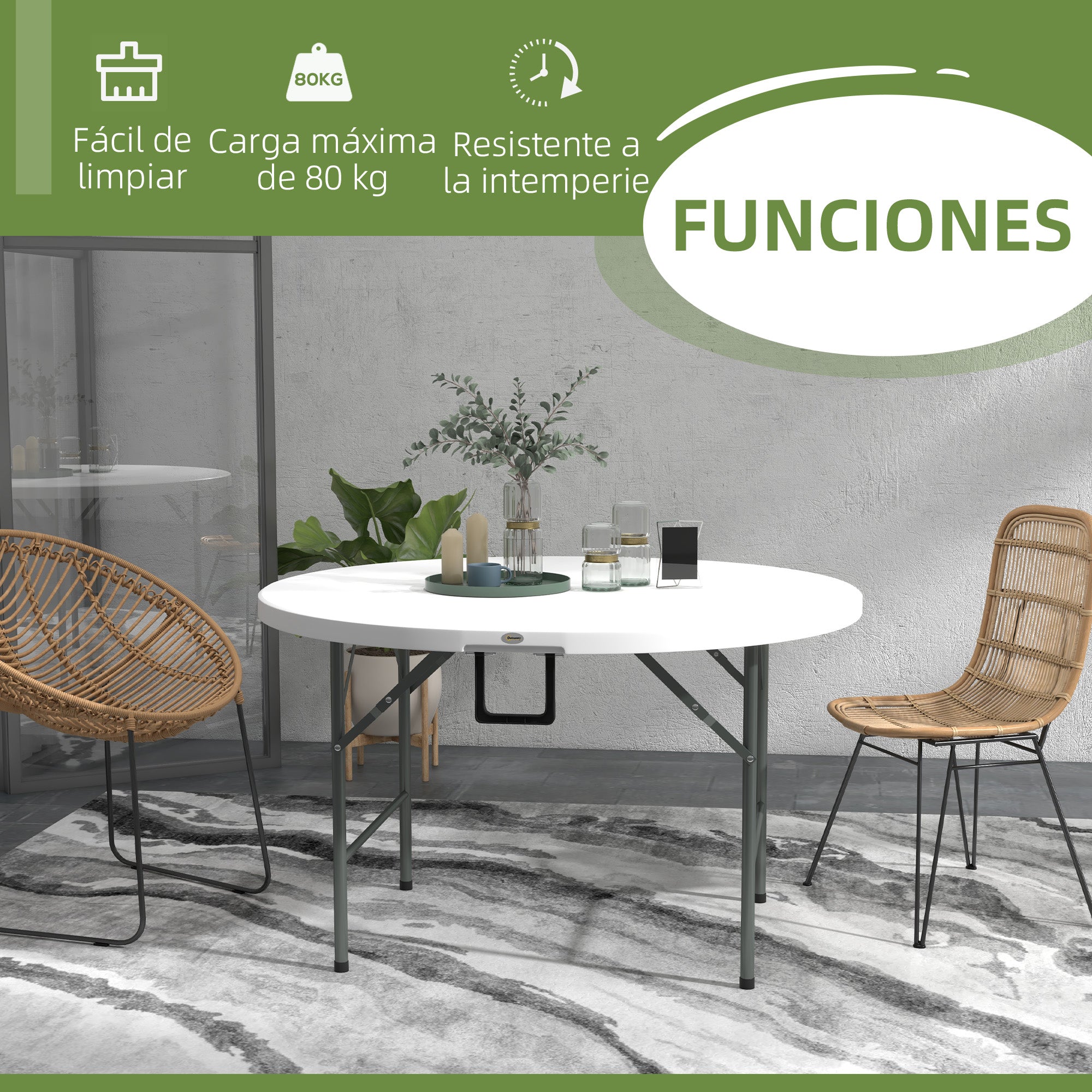 Round Side Table Folding Garden Table with Steel Frame and HDPE Top Load 80 kg for Indoor and Outdoor Use Ø122x73 cm White
