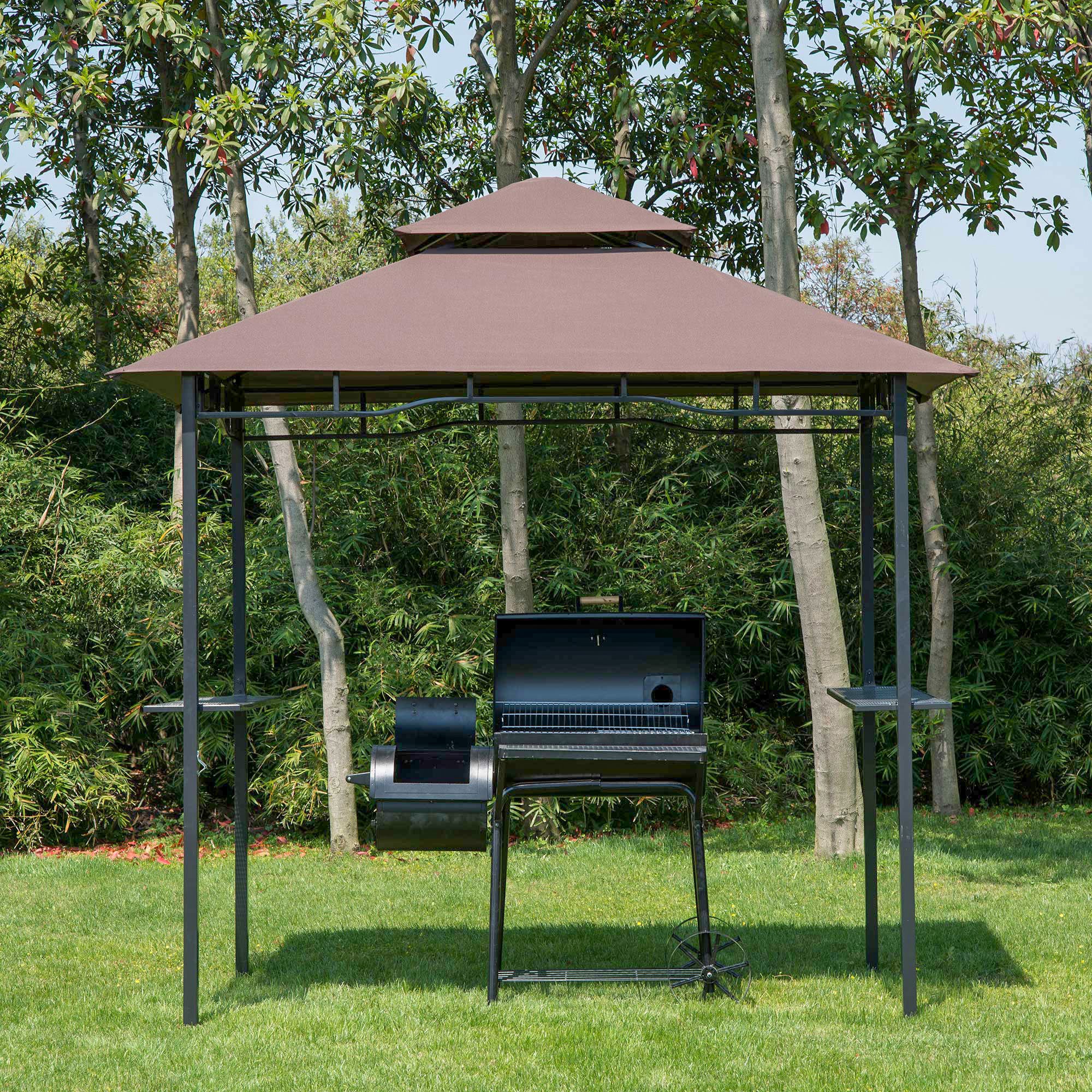 Grill Pavilion Garden Canopy Grill Pavilion Balcony Pavilion with Shelves Fire Retardant Double Roof Coffee Brown 245 x 148 x 252 cm