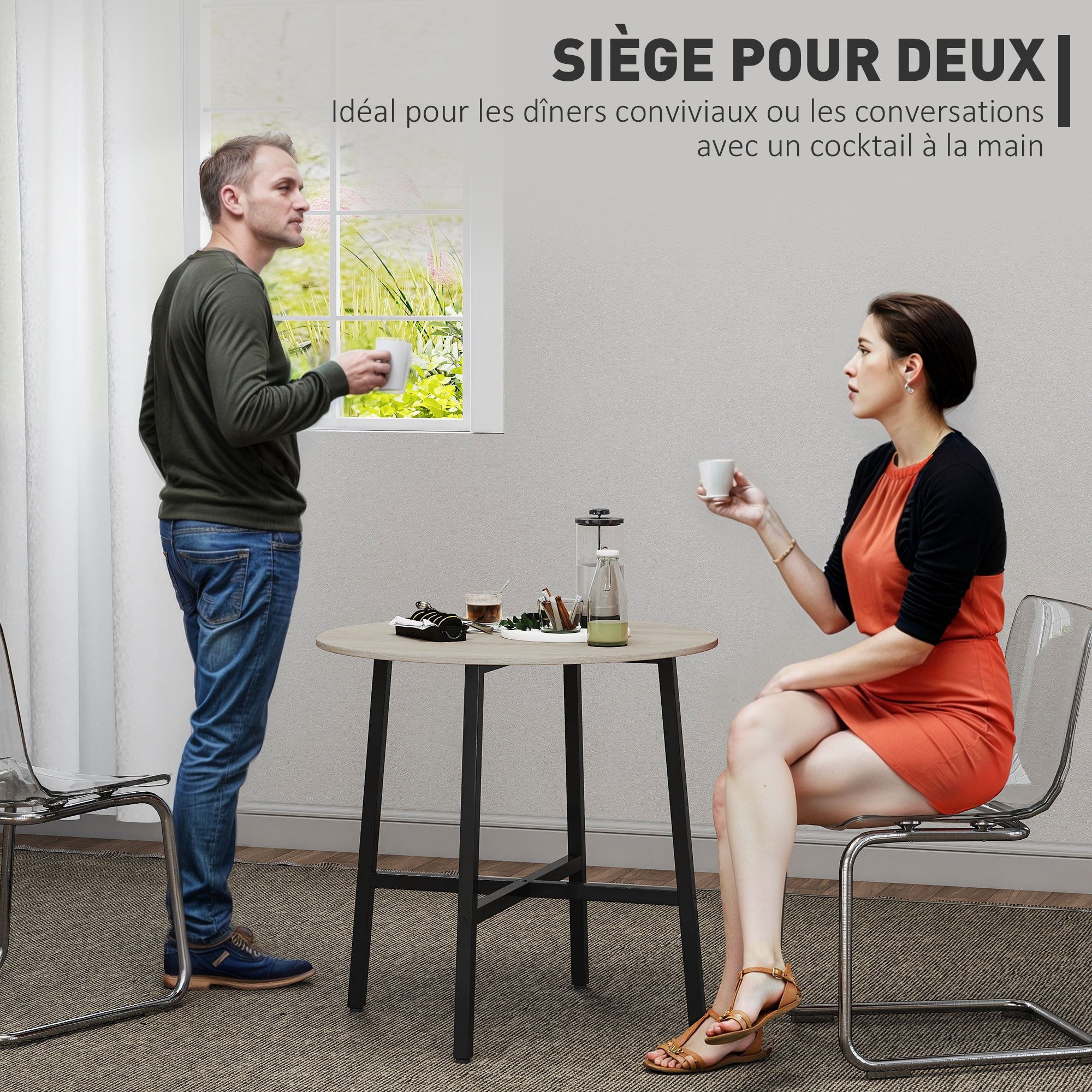 31.5'' Round Dining Table for 2 Person Industrial Style Kitchen Table with Wood Grain Tabletop and Steel Cross Base, Natural Wood