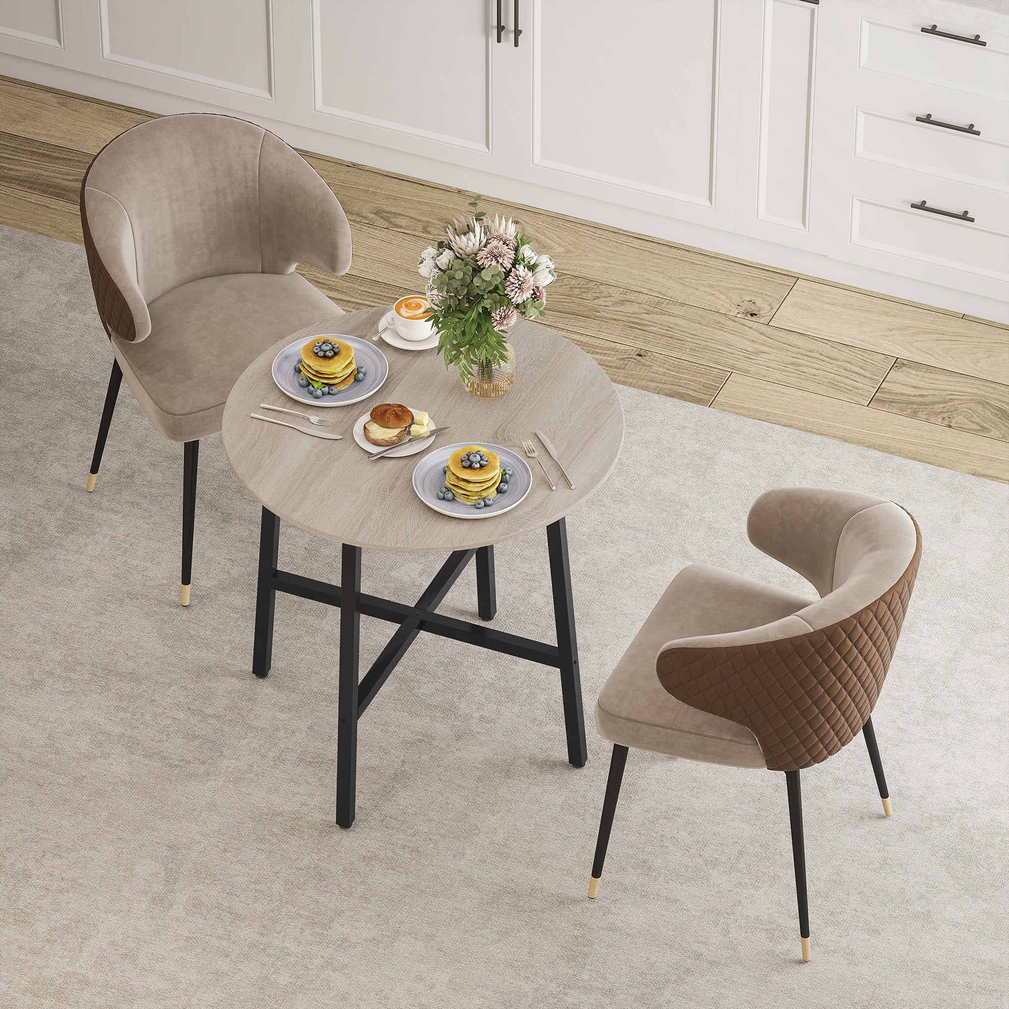 31.5'' Round Dining Table for 2 Person Industrial Style Kitchen Table with Wood Grain Tabletop and Steel Cross Base, Natural Wood