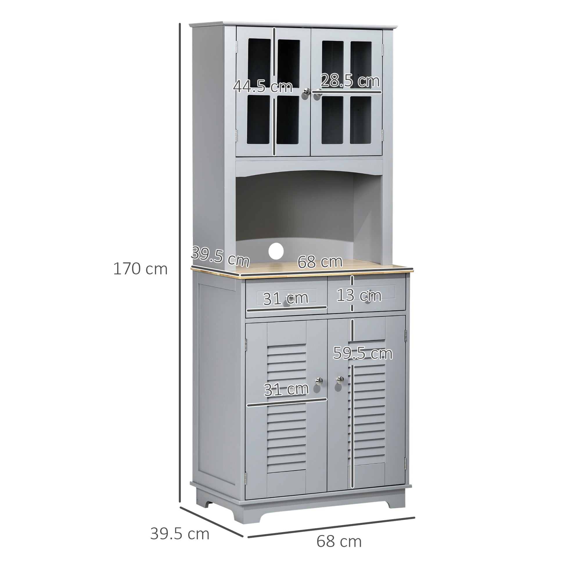 Tall Kitchen Credenza, MDF Buffet Cabinet, Classic Style Pantry Cabinet, Gray, 68x39.5x170cm