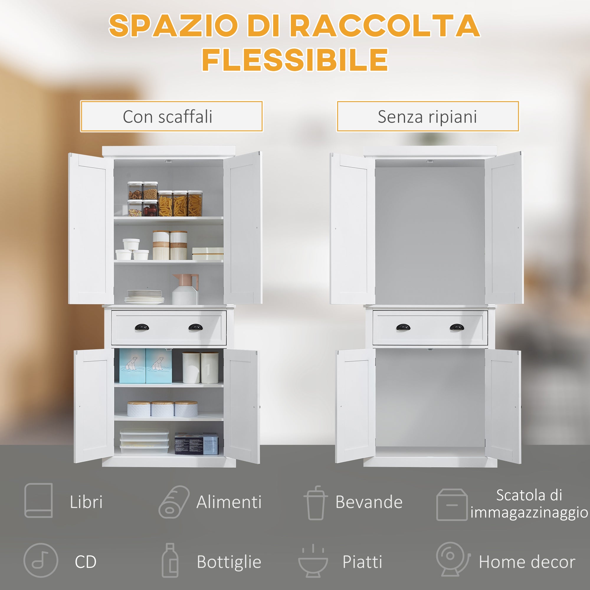 Kitchen Trolley with Upper and Lower Cabinet and Central Drawer in MDF, Chipboard, and Metal, 76x40.5x184 cm, White