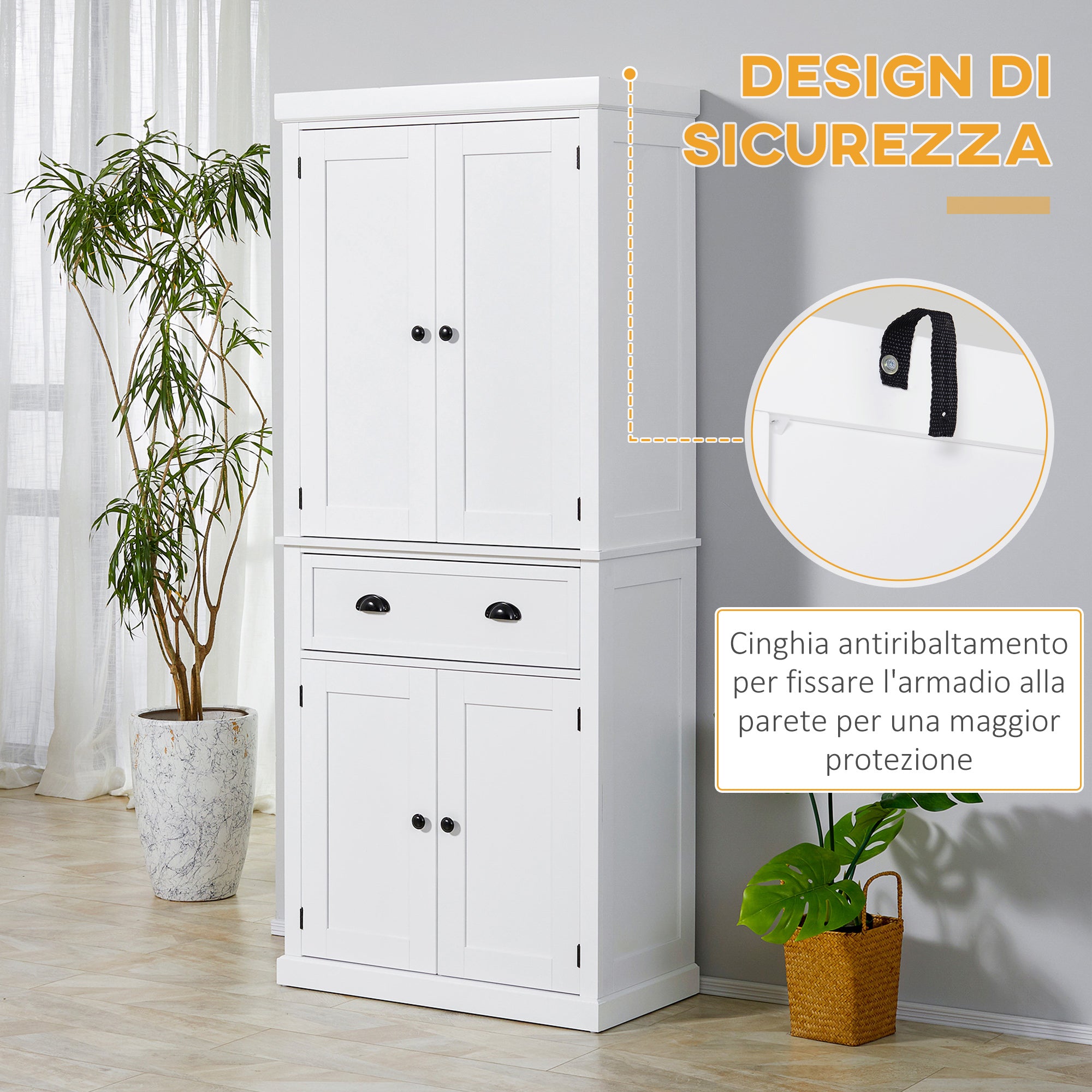 Kitchen Trolley with Upper and Lower Cabinet and Central Drawer in MDF, Chipboard, and Metal, 76x40.5x184 cm, White