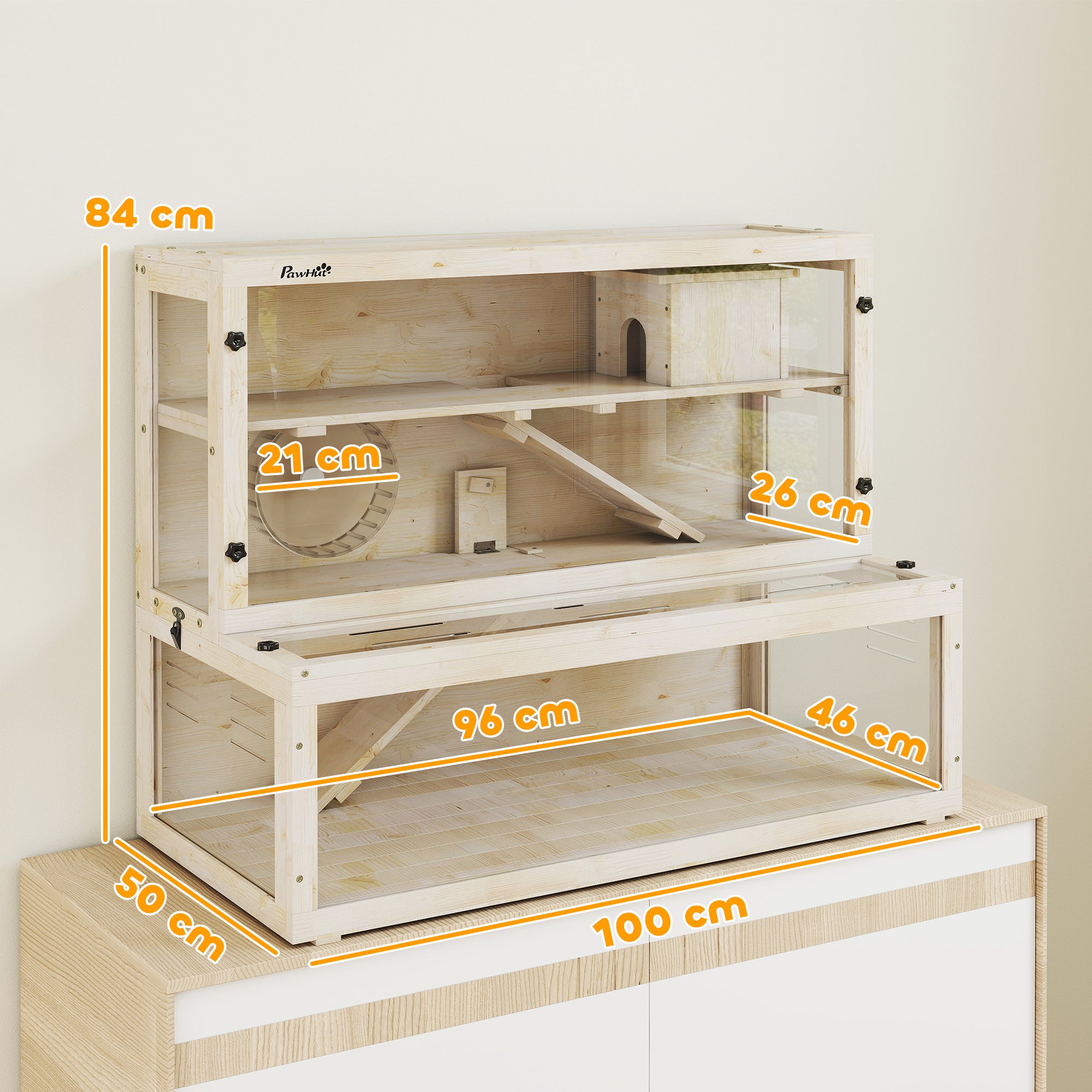 Wooden Hamster Cage, 100 x 50 x 84 cm (39.4 x 19.7 x 33.1 in) – 3-Tier Small Animal Hutch with Viewing Window, Running Wheel, Ramp & House – Natural Wood