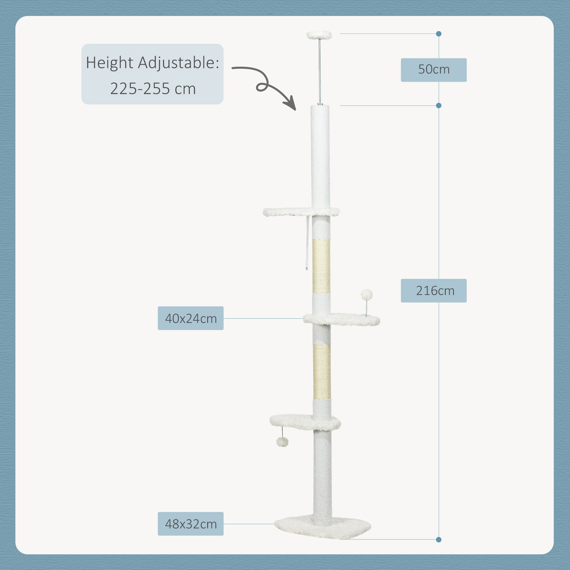 Scratching Post, Cat Tree Floor-to-Ceiling, Cat Scratching Post, 225-255 cm, Climbing Tree with Toy Ball, Jute Rope Posts, Hammock, Cat Ladder, Cat Furniture, White
