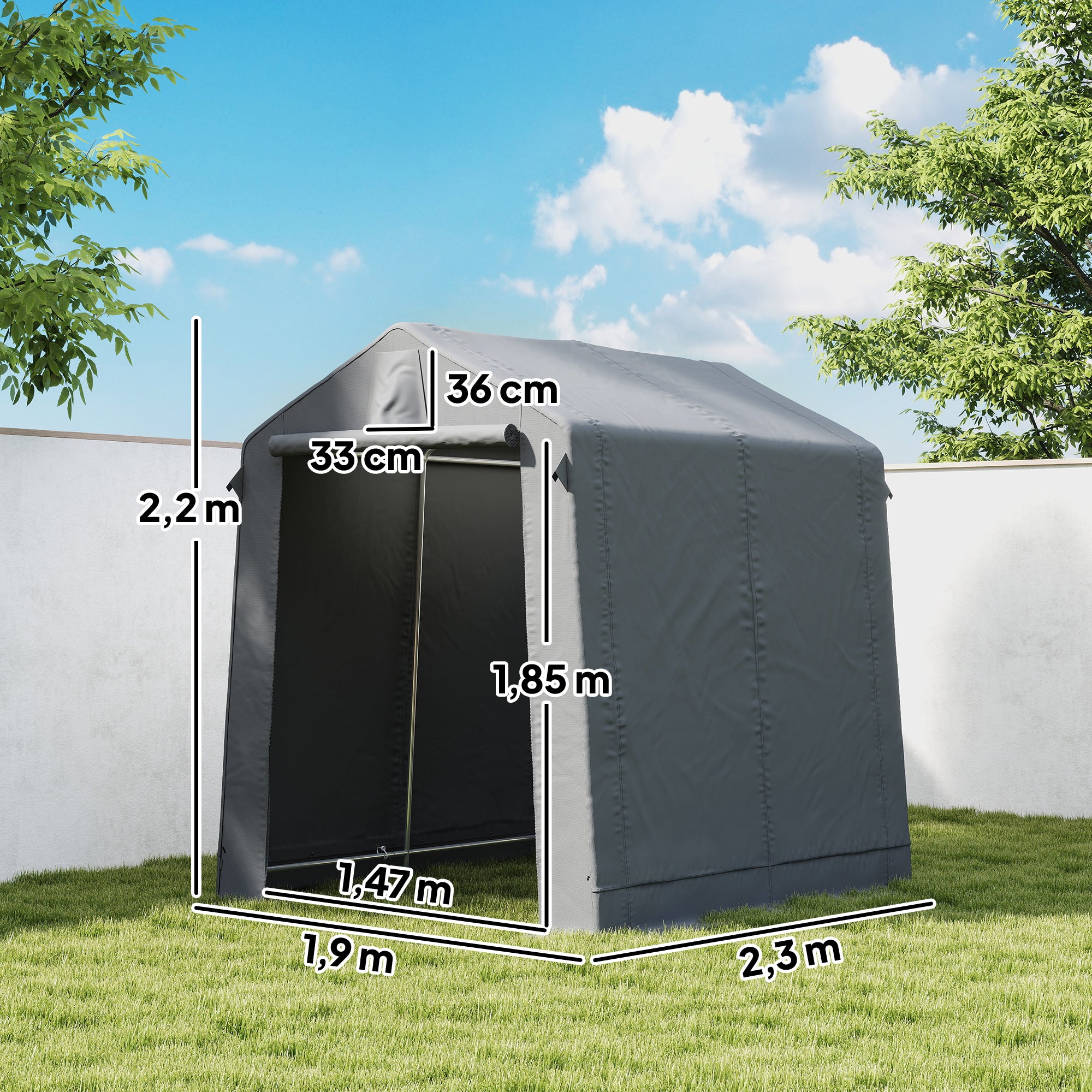 Garage Tent 2.3 x 1.9 m (7'6" x 6'3") — Water-Resistant Storage Shelter with Roll-Up Zipper Door & Ventilation, Galvanized Steel Frame, UV-Resistant — Dark Gray