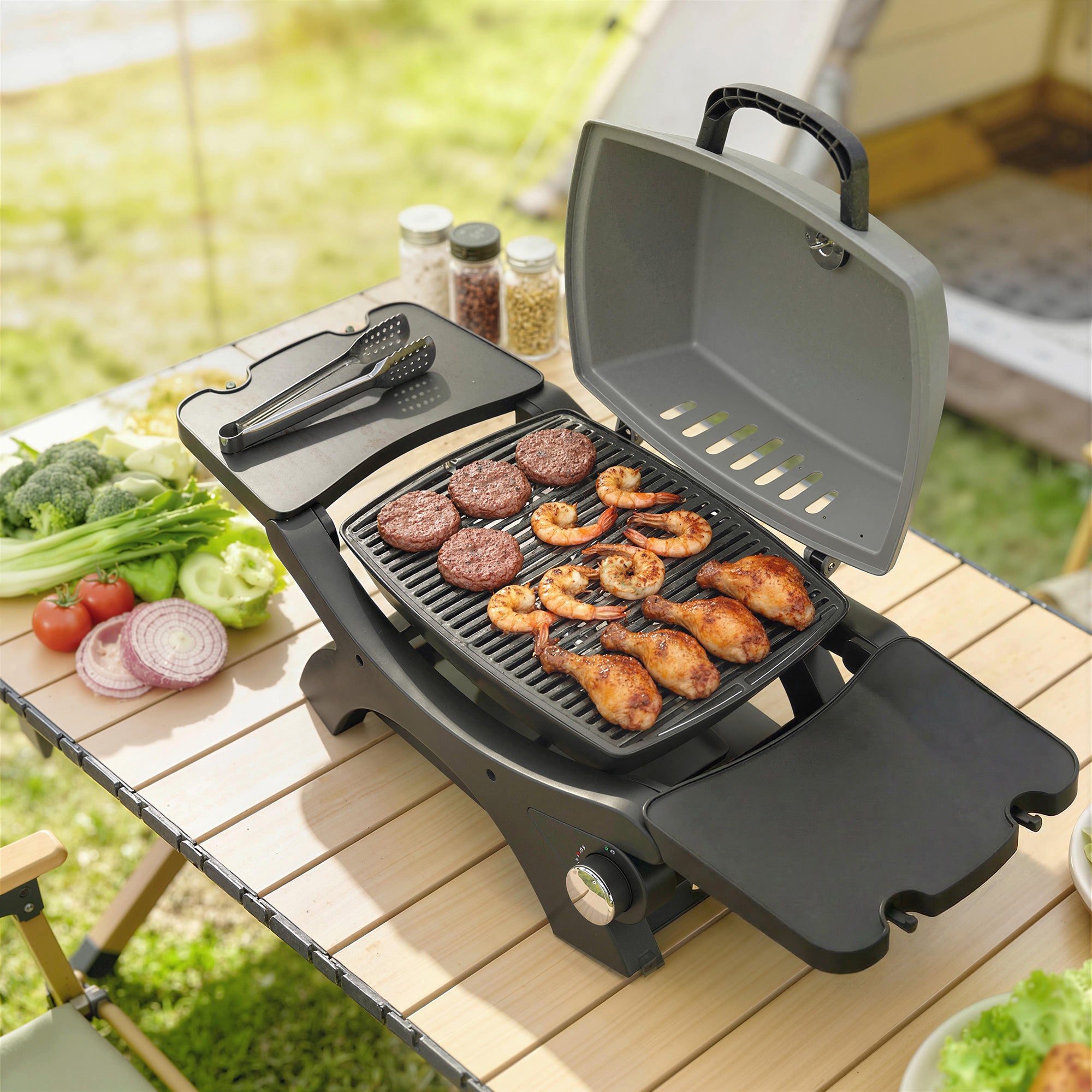 3.3 kW Portable Tabletop Gas Grill — 1 Burner, Foldable Side Shelves, Cast-Iron Grates, Removable Drip Tray & Thermometer — Patio & Balcony BBQ