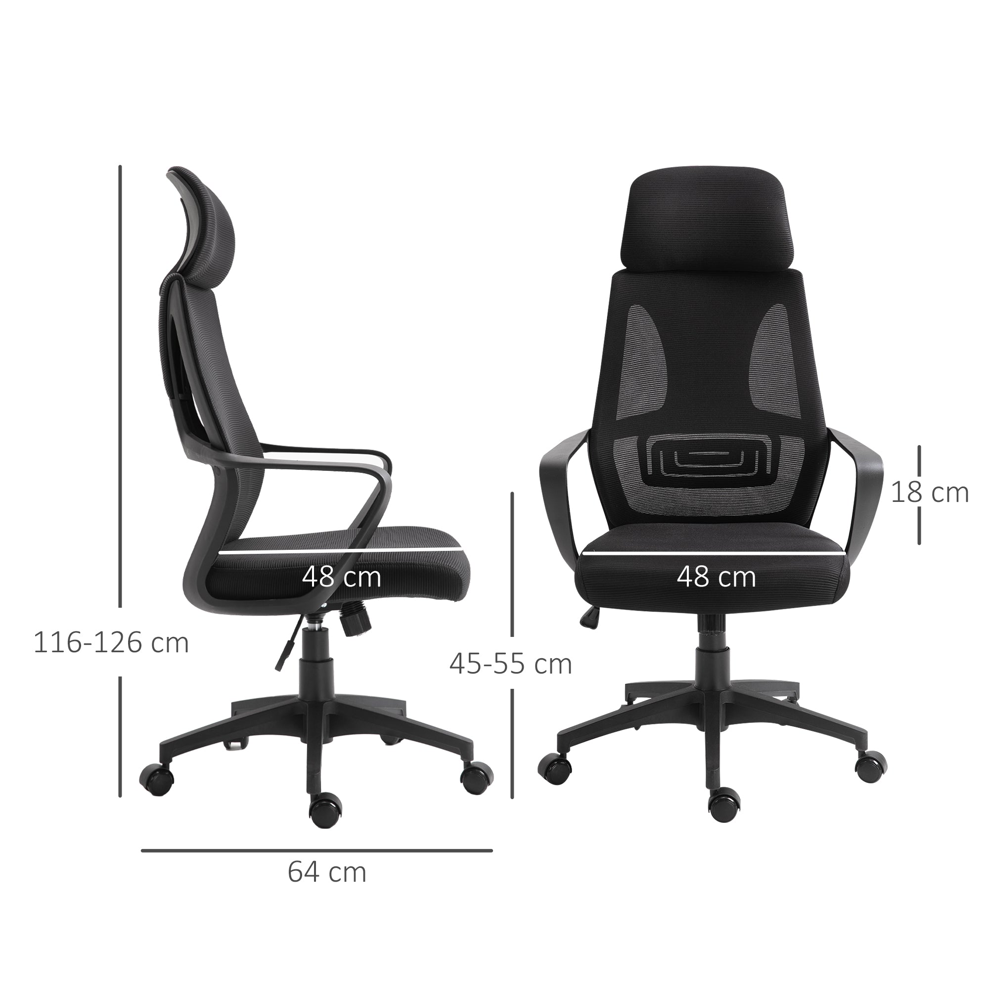 Office Chair Desk Chair Adjustable with Backrest Armrests Headrest Wheels and Rocking Function Load 120 kg 64x55x116-126 cm Black