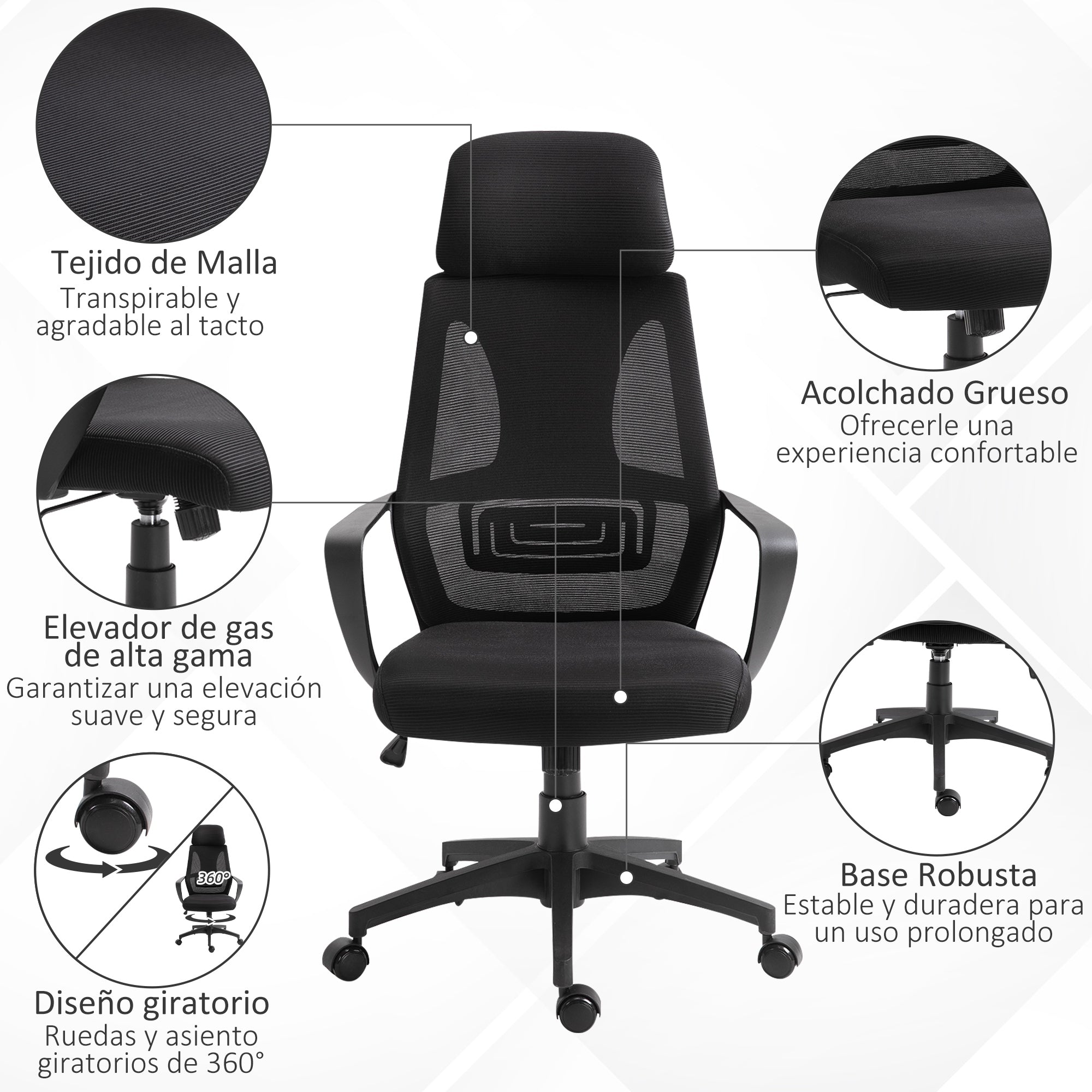Office Chair Desk Chair Adjustable with Backrest Armrests Headrest Wheels and Rocking Function Load 120 kg 64x55x116-126 cm Black