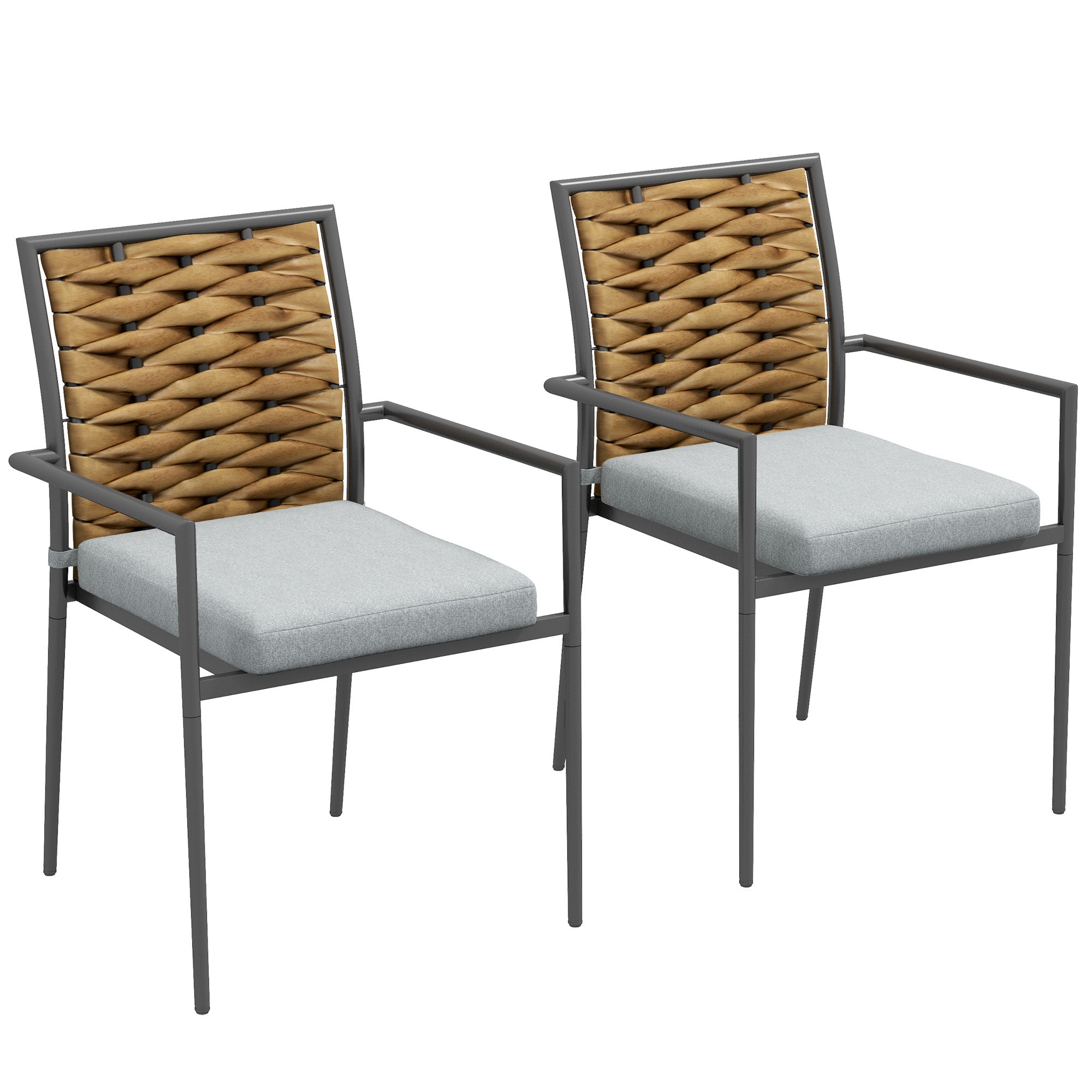 2-Piece Rattan Garden Chair Set with Cushions, Stackable Outdoor Chair, Balcony Chair for Patio, Steel, 57 x 58 x 87 cm, Gray