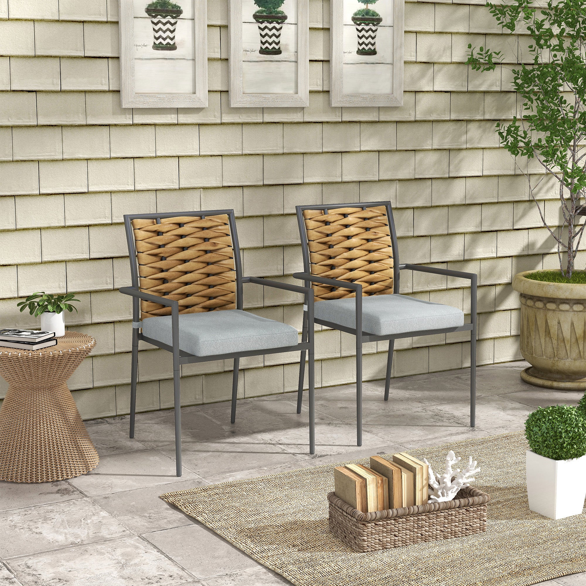2-Piece Rattan Garden Chair Set with Cushions, Stackable Outdoor Chair, Balcony Chair for Patio, Steel, 57 x 58 x 87 cm, Gray