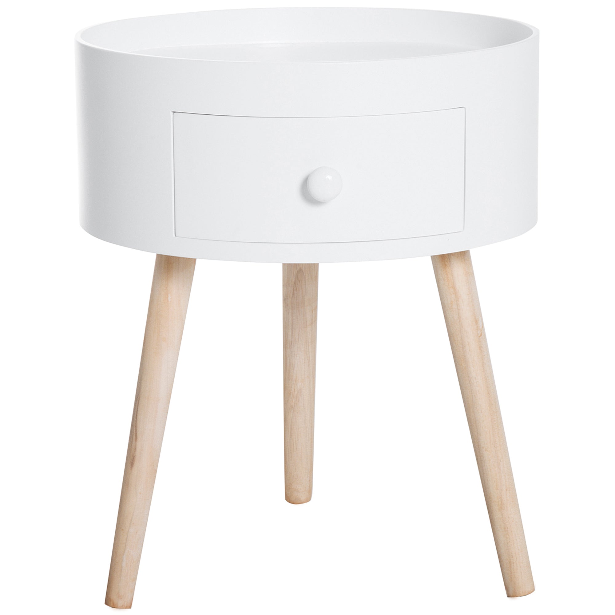 Bedside Table with 1 Drawer Round Side Table with Raised Edge and 3 Wooden Legs for Bedroom Living Room Modern Style Ø38x45 cm White