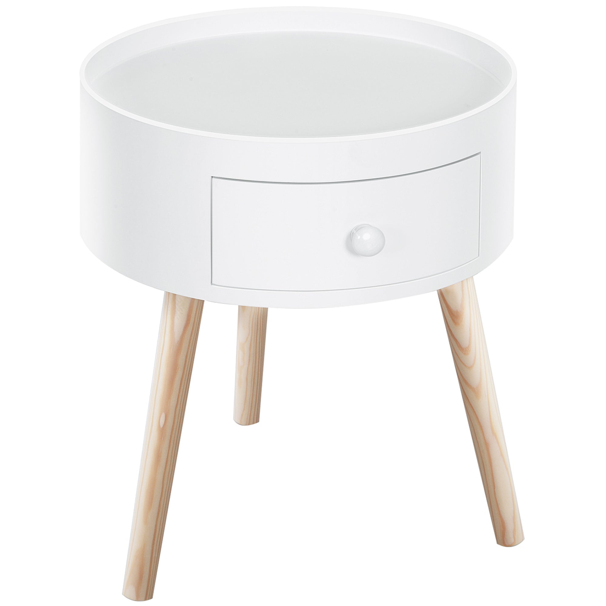 Bedside Table with 1 Drawer Round Side Table with Raised Edge and 3 Wooden Legs for Bedroom Living Room Modern Style Ø38x45 cm White