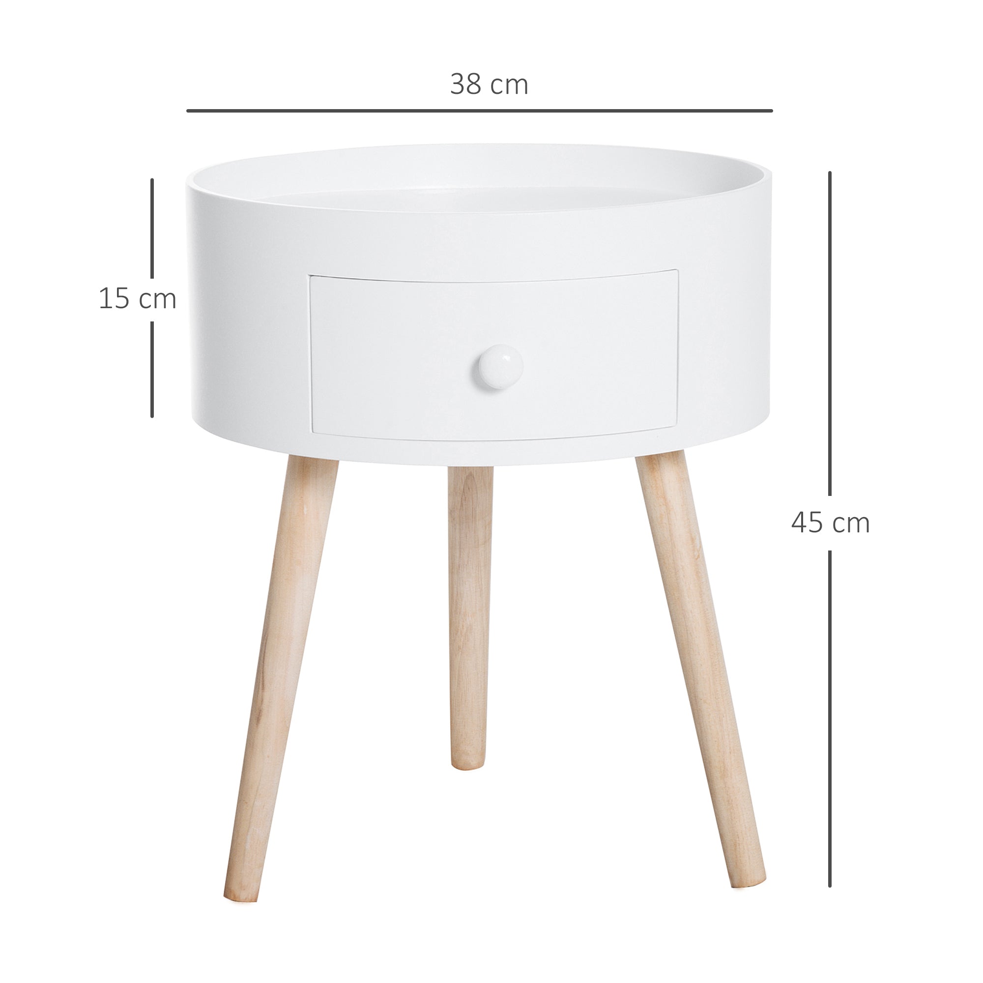 Bedside Table with 1 Drawer Round Side Table with Raised Edge and 3 Wooden Legs for Bedroom Living Room Modern Style Ø38x45 cm White