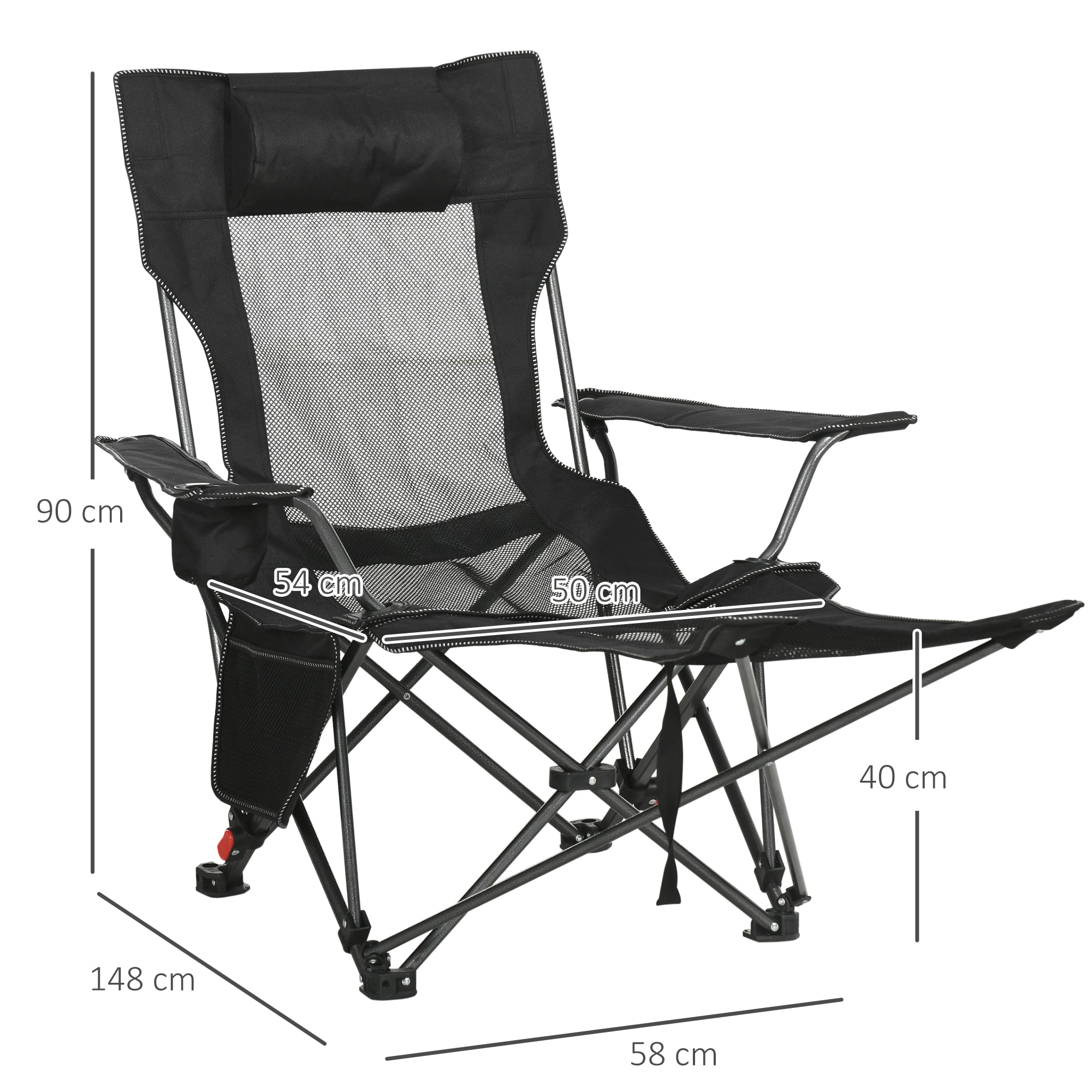 Camping Reclining Chair with Footrest, Folding Chair with Cup Holder and Pocket, 58x148x90cm, Black