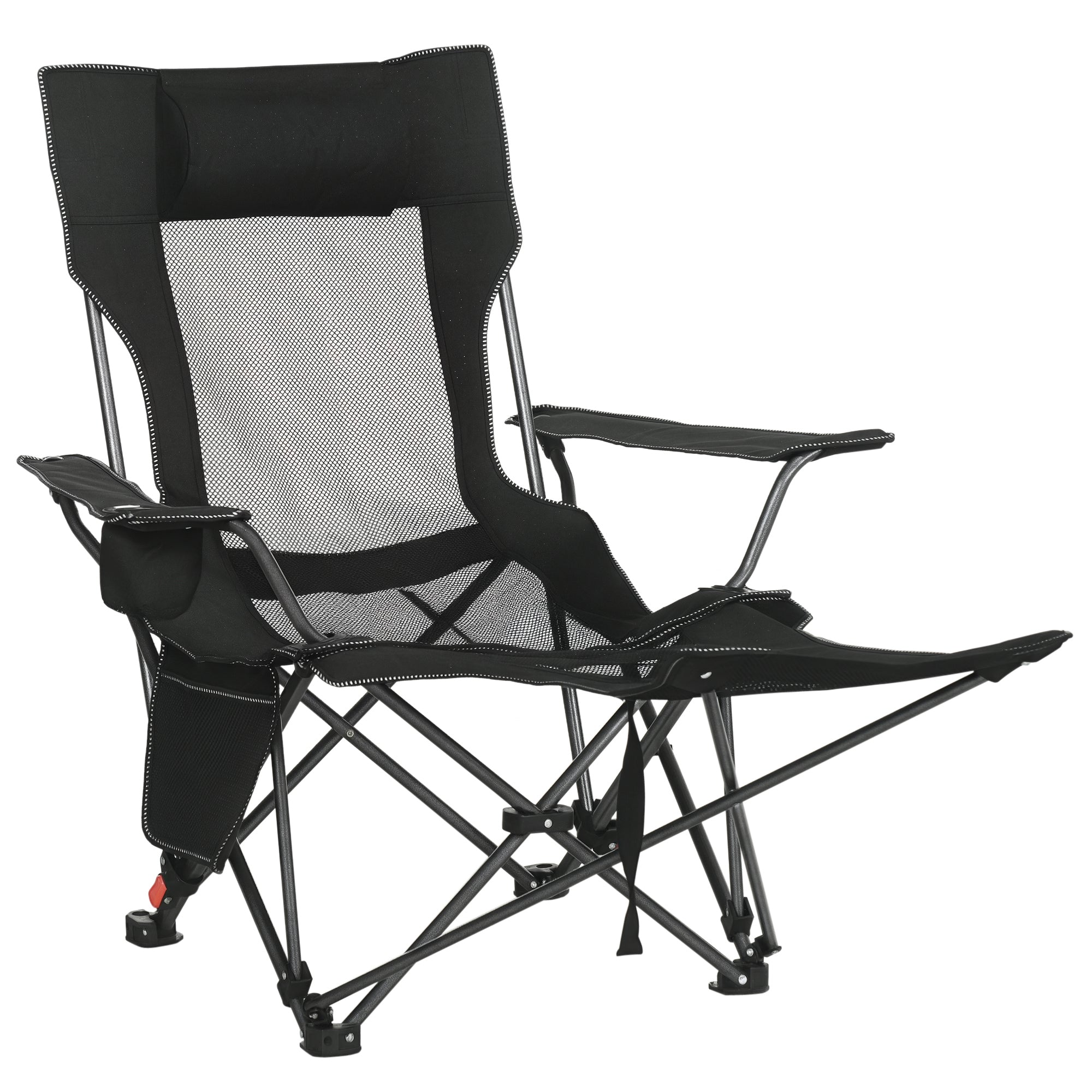 Camping Reclining Chair with Footrest, Folding Chair with Cup Holder and Pocket, 58x148x90cm, Black