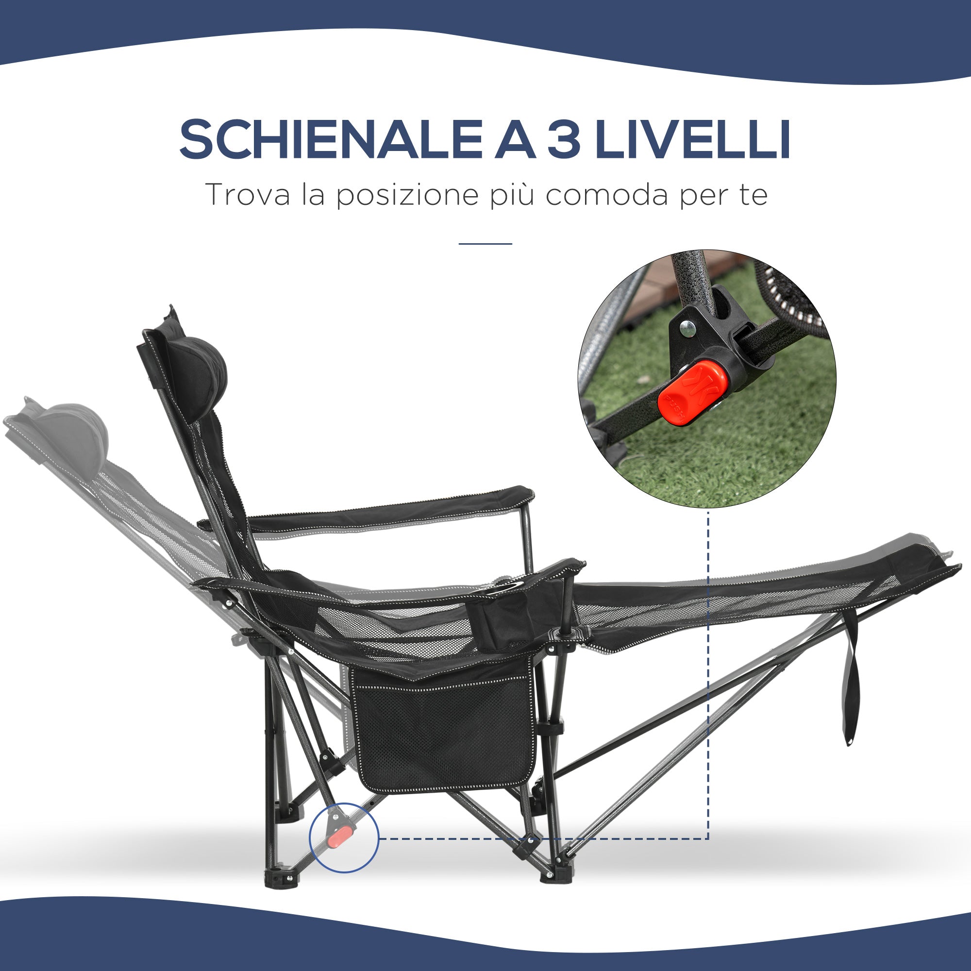Camping Reclining Chair with Footrest, Folding Chair with Cup Holder and Pocket, 58x148x90cm, Black