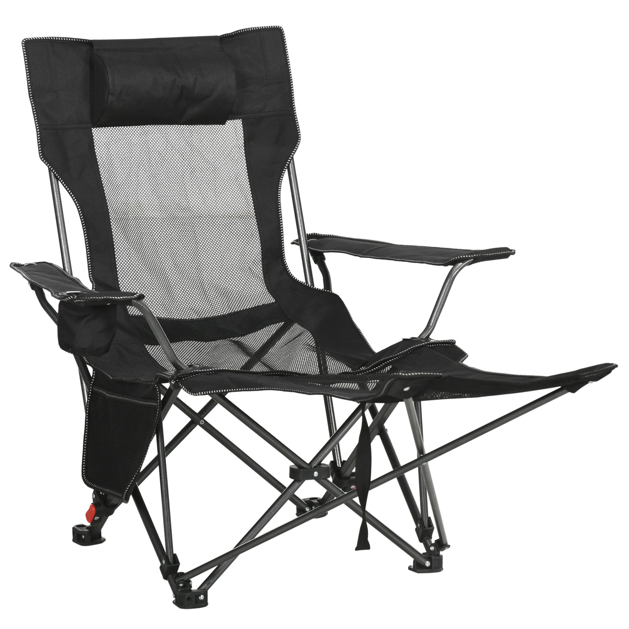 Camping Reclining Chair with Footrest, Folding Chair with Cup Holder and Pocket, 58x148x90cm, Black