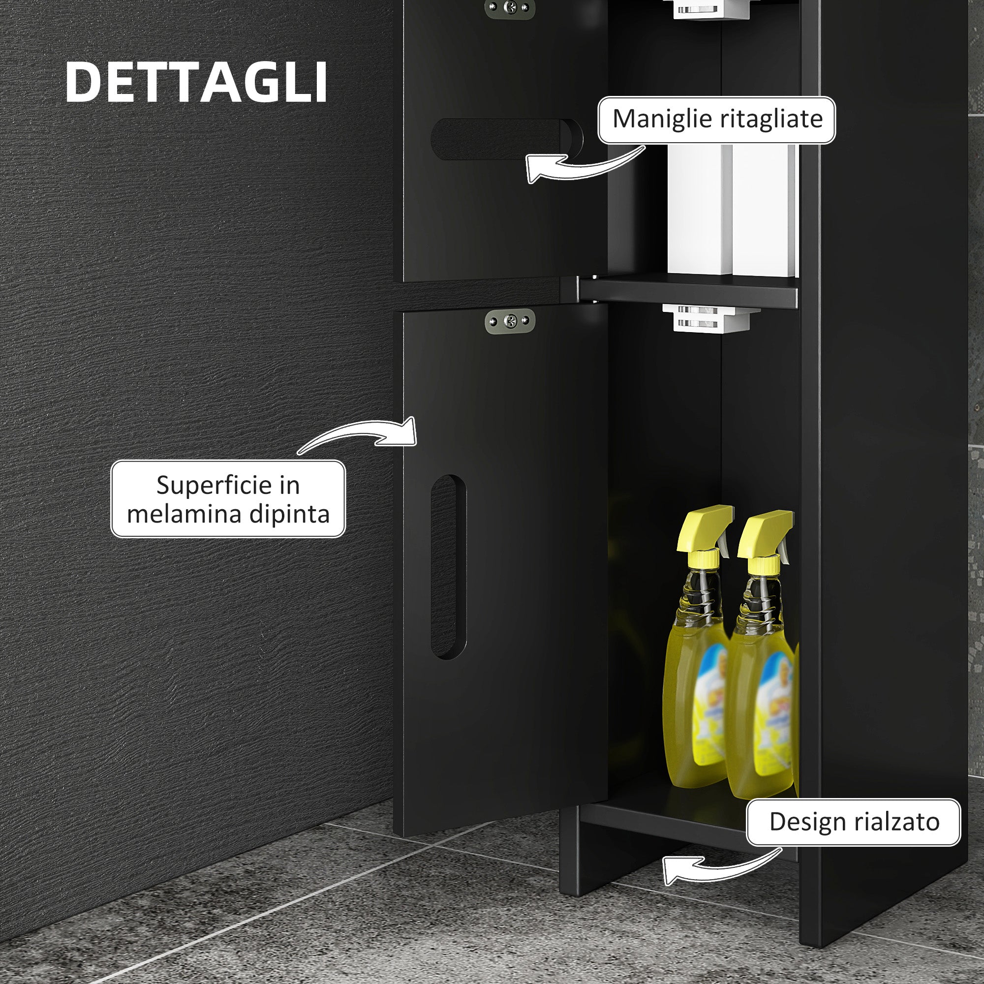 Bathroom Column with Shelves and Cabinets, Tall Space-Saving Wooden Bathroom Cabinet, 15x17x120cm, Black