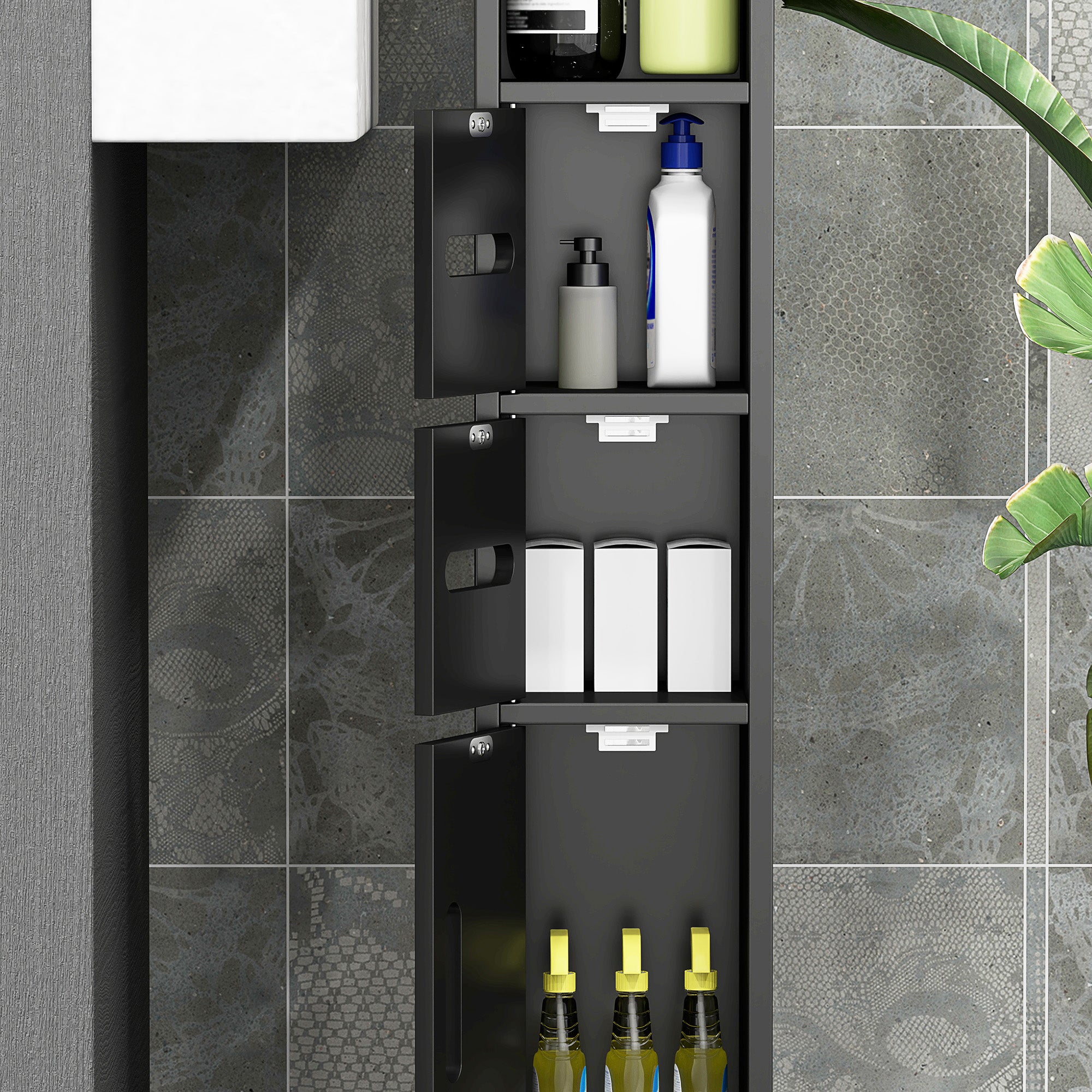 Bathroom Column with Shelves and Cabinets, Tall Space-Saving Wooden Bathroom Cabinet, 15x17x120cm, Black