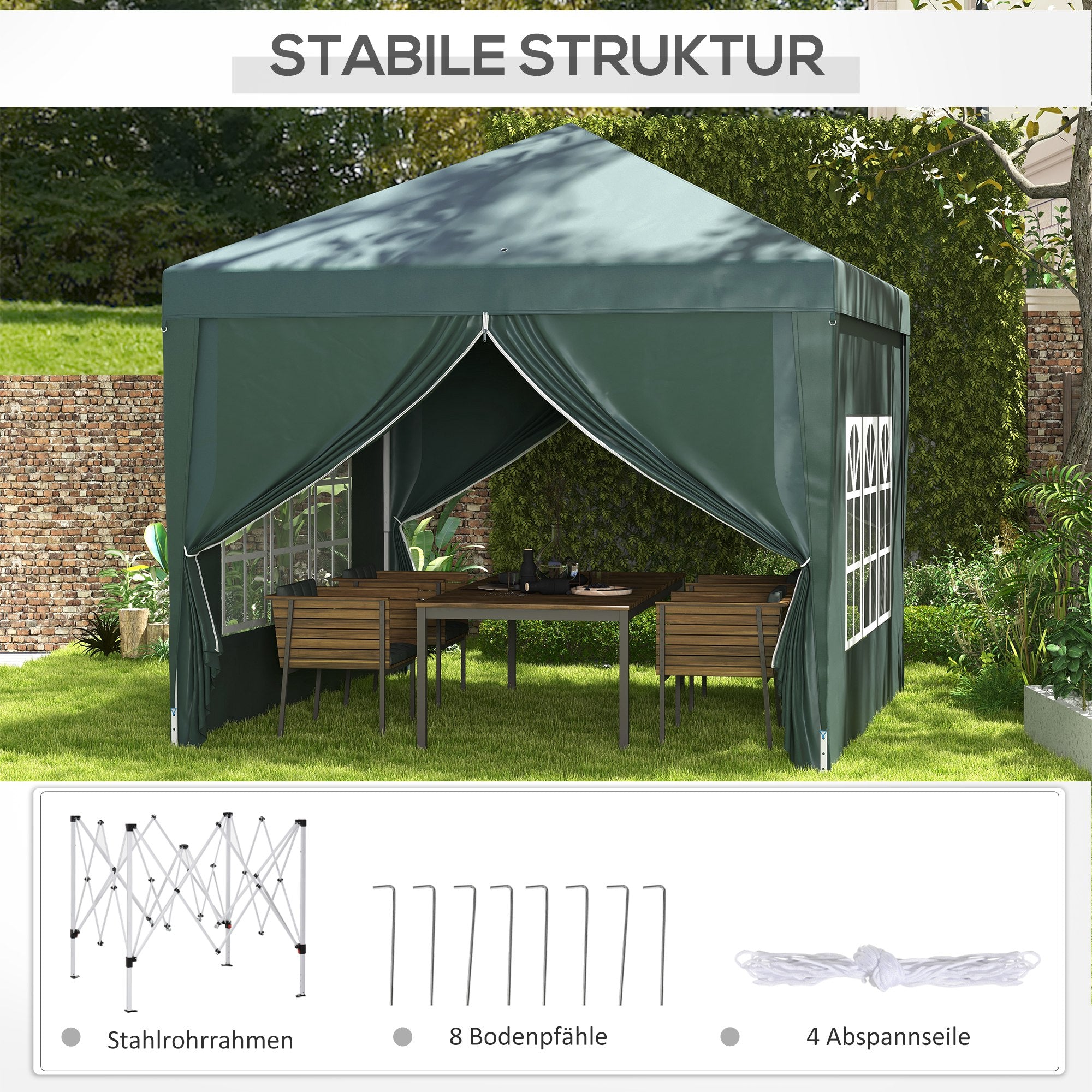 Pavilion approx. 3x3m, Water-Resistant Stable Winterproof Pop-Up Foldable Pavilion, UV Protection 50+, Foldable Party Tent Garden Shelter with 4 Side Panels Bag Garden Pavilion for Camping Garden, Green