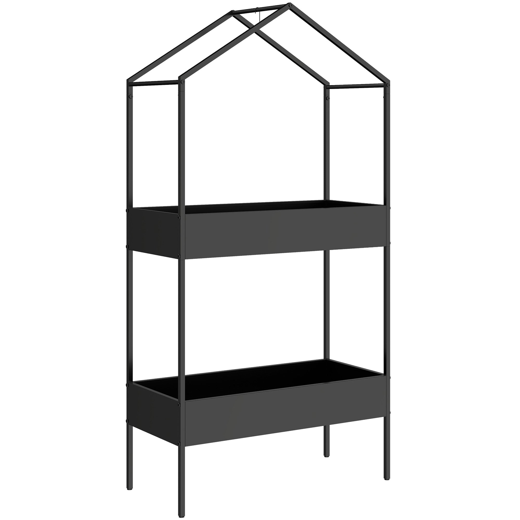 2-Tier House-Shaped Plant Stand with Hook, 150 cm (59 in) High, Metal Pot Shelves for Garden, Balcony & Home, Black