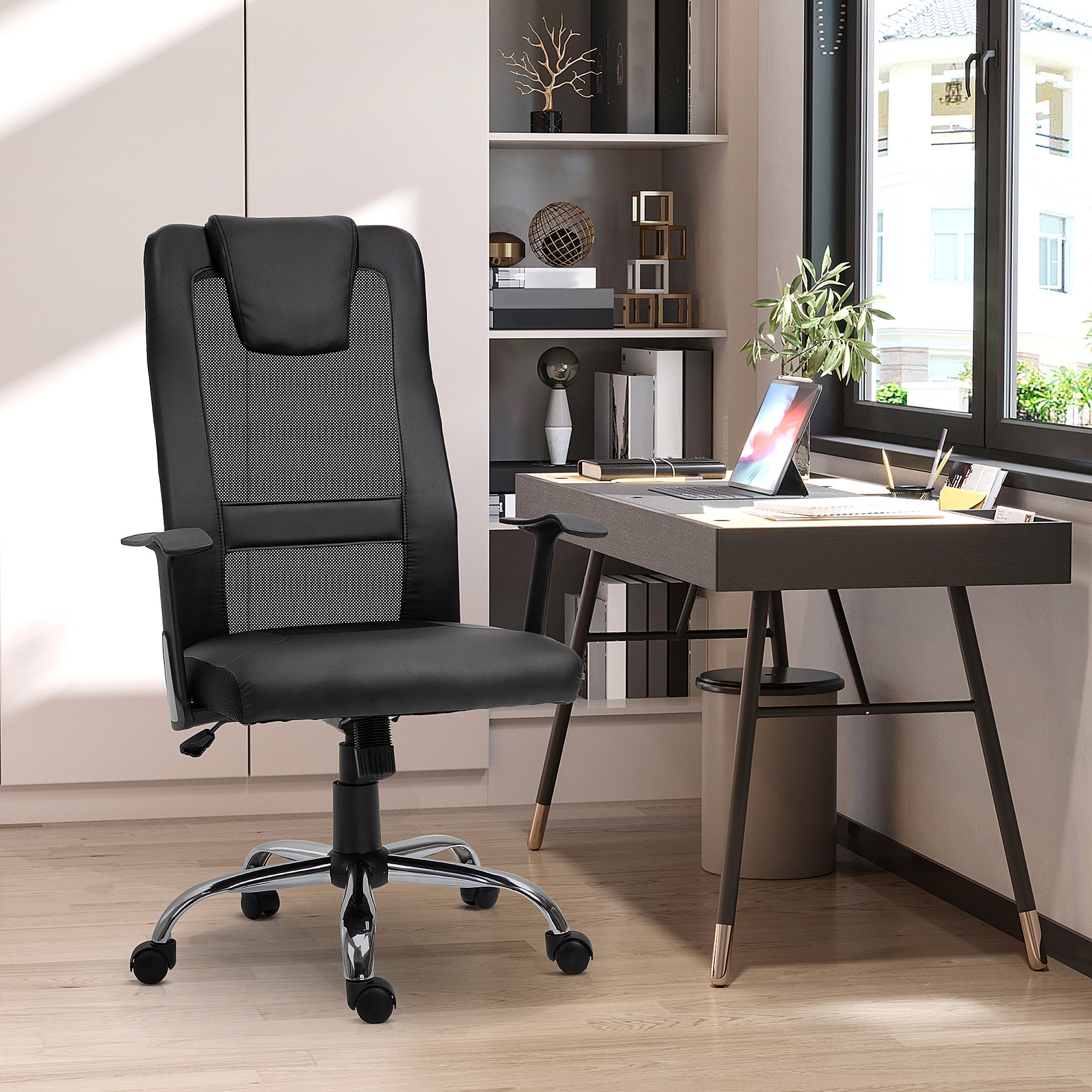 Office Chair Swivel Chair Height Adjustable Executive Chair Desk Chair Ergonomic PU Black 66 x 73 x 108-118 cm