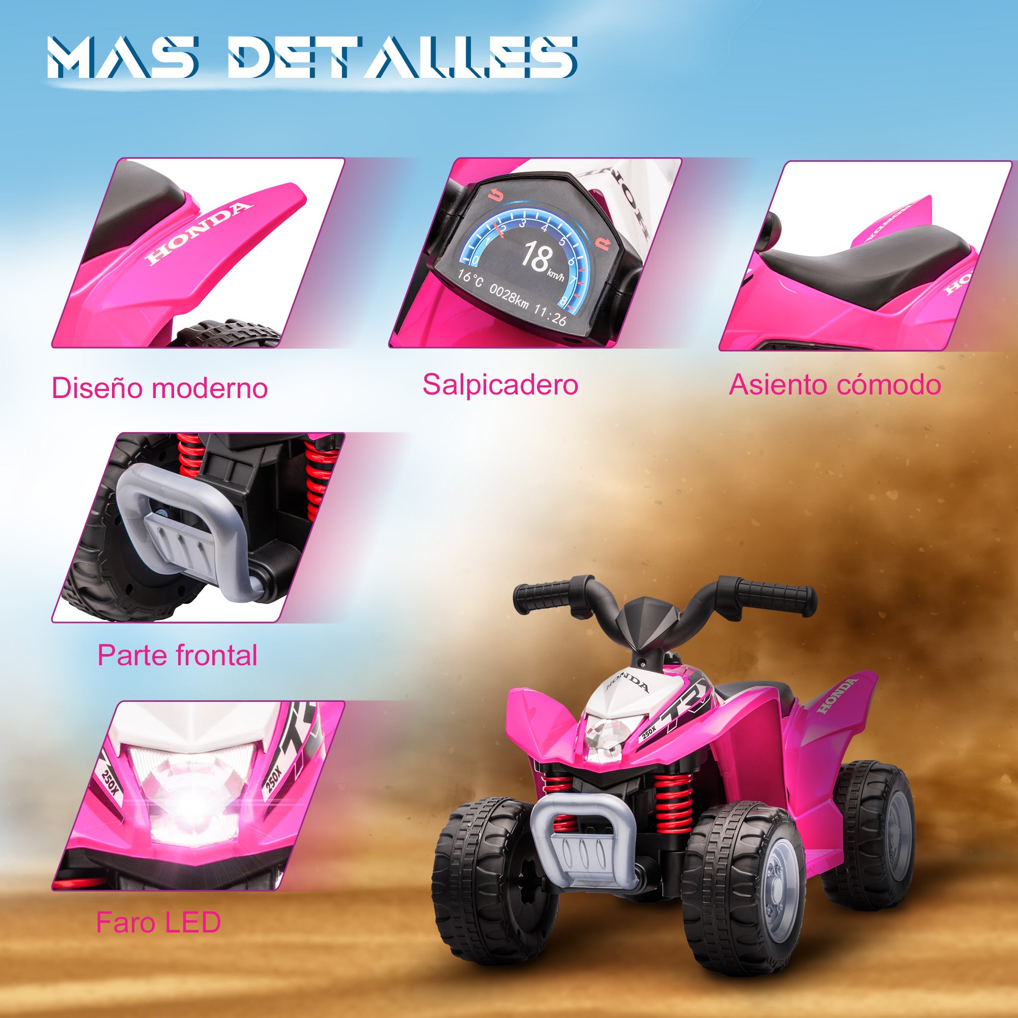 Electric Quad for Children aged 18-36 Months with HONDA License 6V Battery-powered Vehicle Kids with LED Headlights Horn Speed of 2.8 km/h and Forward 65.5x38.5x43.5 cm Pink