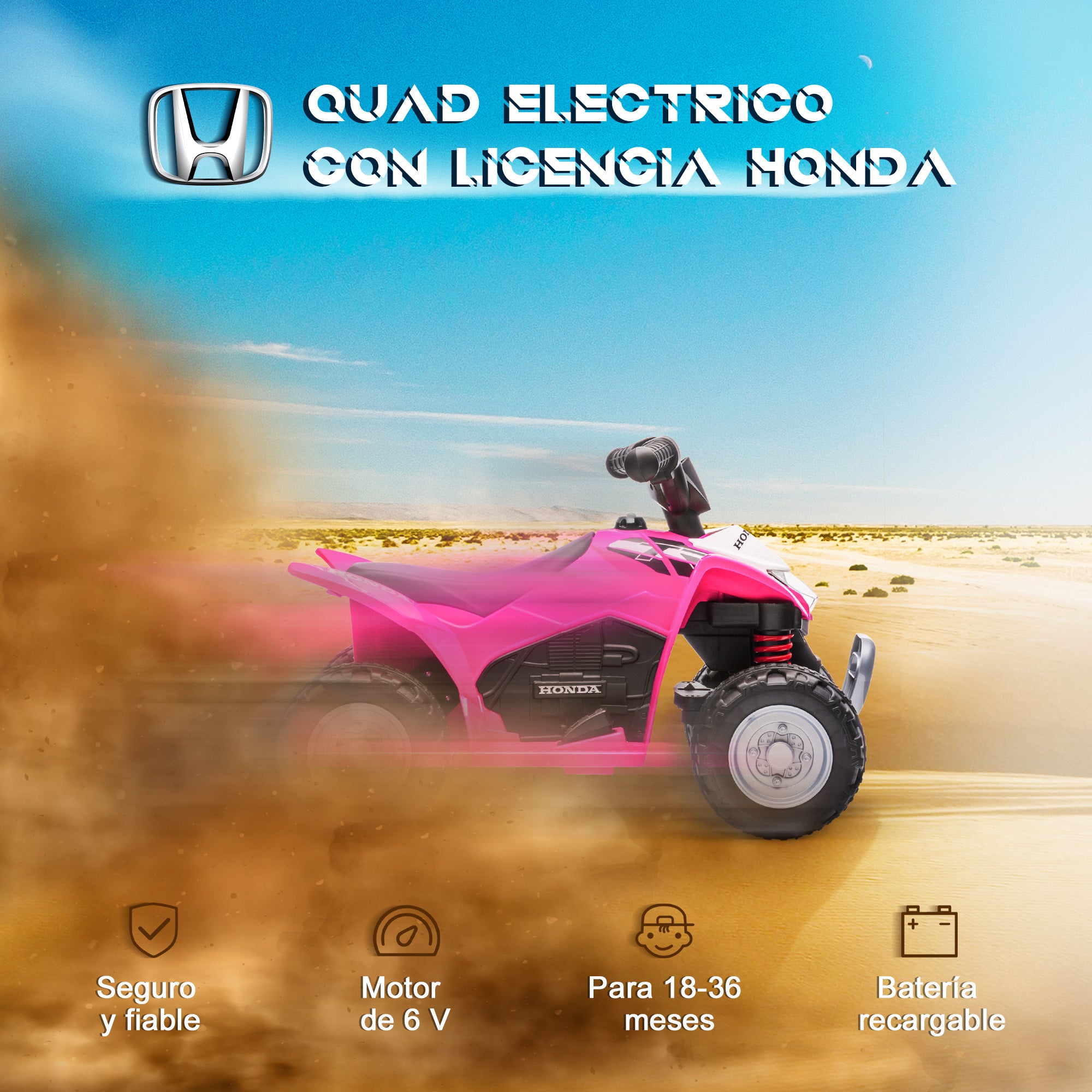 Electric Quad for Children aged 18-36 Months with HONDA License 6V Battery-powered Vehicle Kids with LED Headlights Horn Speed of 2.8 km/h and Forward 65.5x38.5x43.5 cm Pink