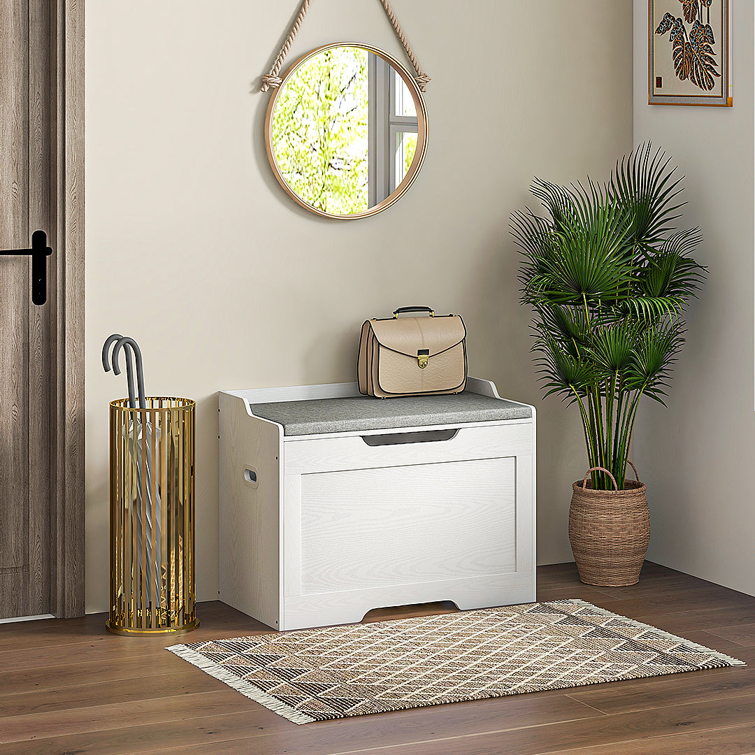 103L Storage Bench with Fabric Cushion, Multi-Functional Chest with Safety Hinge for Bedroom and Entryway, 75x40x56cm, White