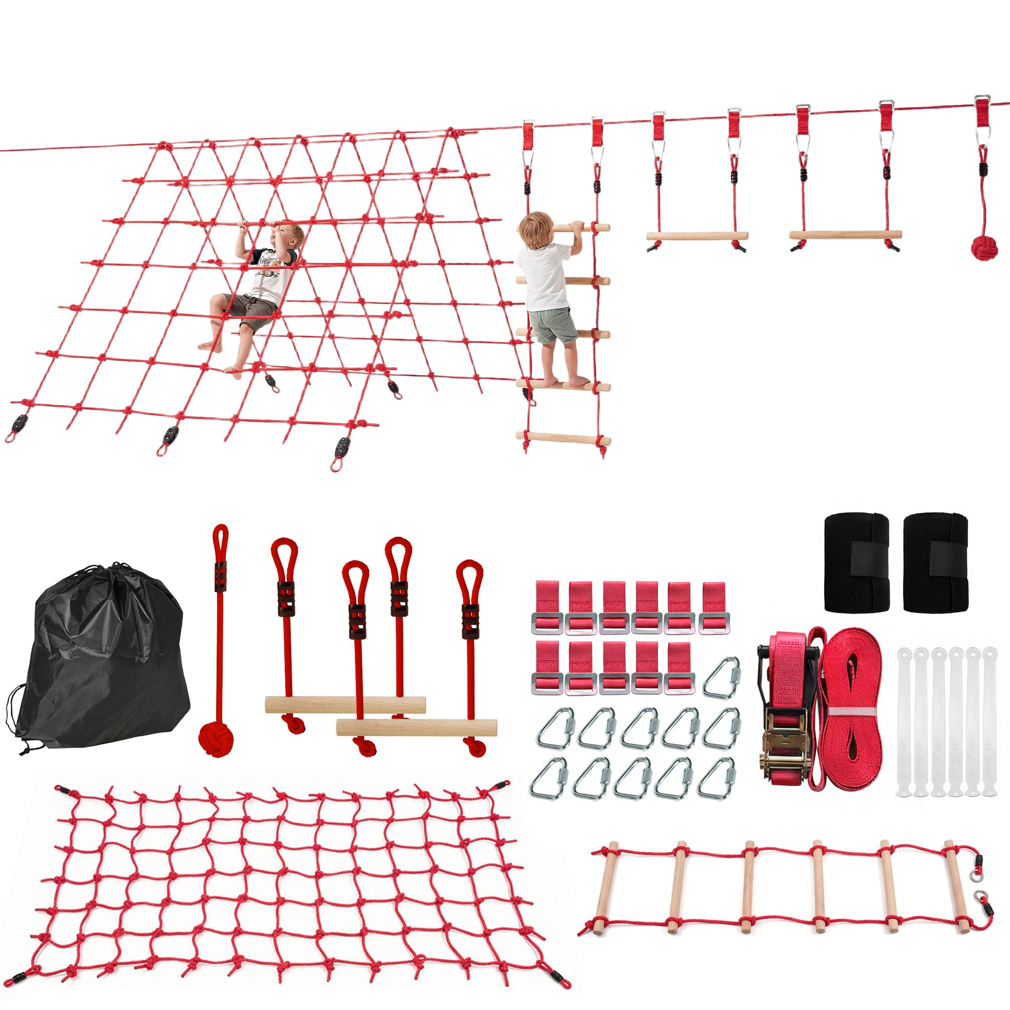 Ninja Line Kids 33 ft (10 m) Slackline Play Set — Rings, Swing, Ladder & Climbing Net — Outdoor Playset for Ages 3–6, Red