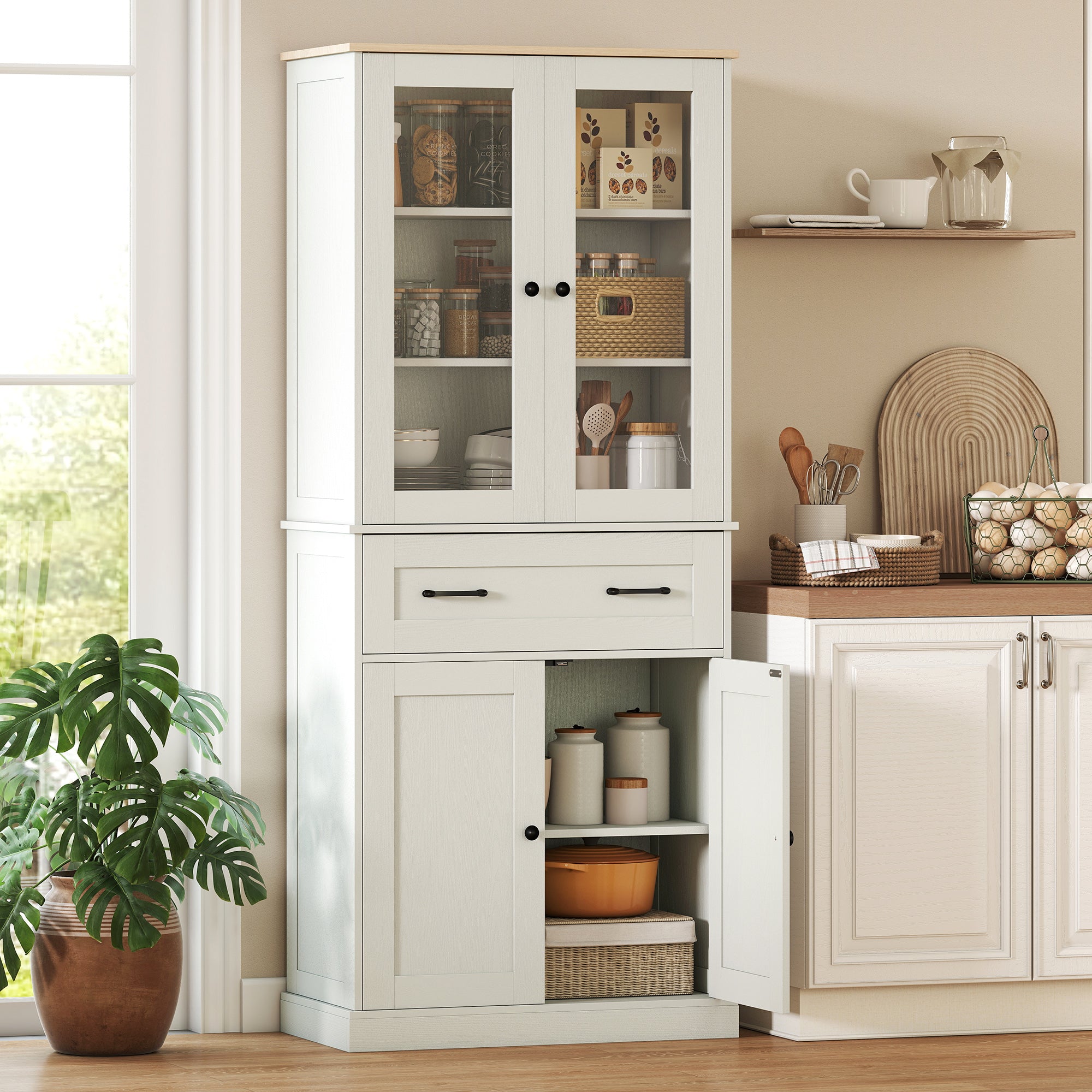 Kitchen Pantry Cabinet, Storage Cupboard with 2 Acrylic Doors, Large Drawer & Adjustable Shelves for Dining Room, 76 x 40 x 182.5 cm (29.9 x 15.7 x 71.9 in), Cream