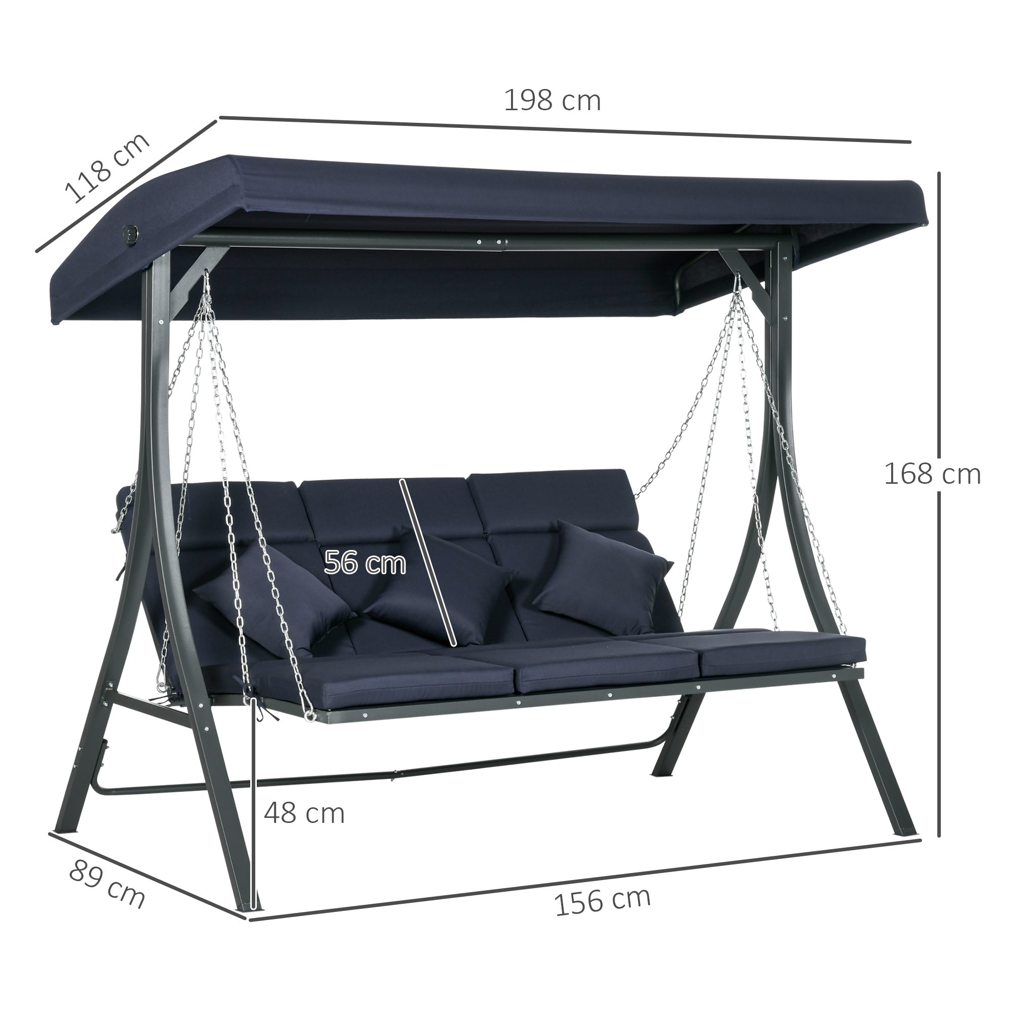 3-Seater Hollywood Swing, Swing Bench with Adjustable Sunshade, Garden Swing with Cushions, up to 270 kg Capacity, Metal, Texteline, Dark Blue, 198 x 118 x 168 cm