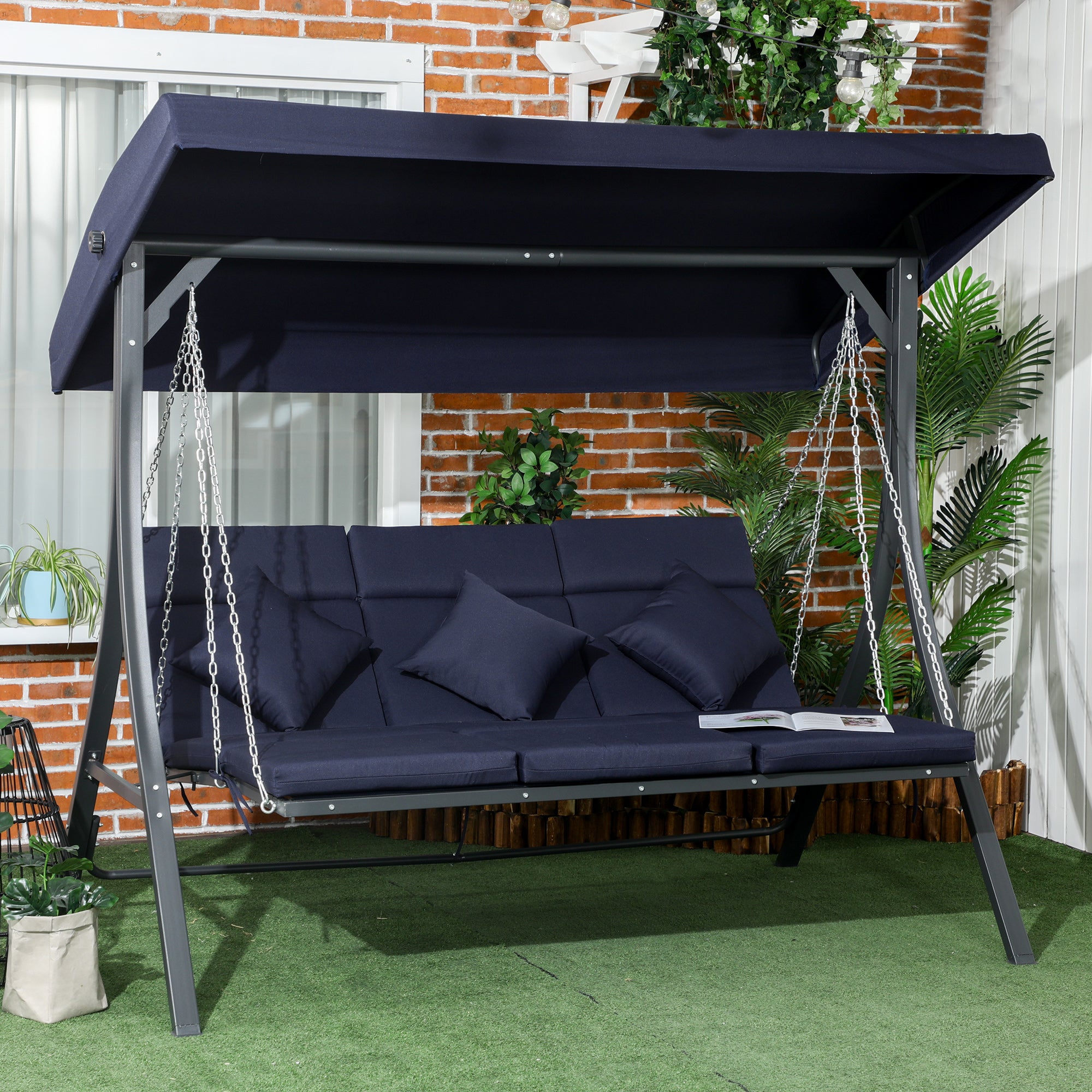 3-Seater Hollywood Swing, Swing Bench with Adjustable Sunshade, Garden Swing with Cushions, up to 270 kg Capacity, Metal, Texteline, Dark Blue, 198 x 118 x 168 cm