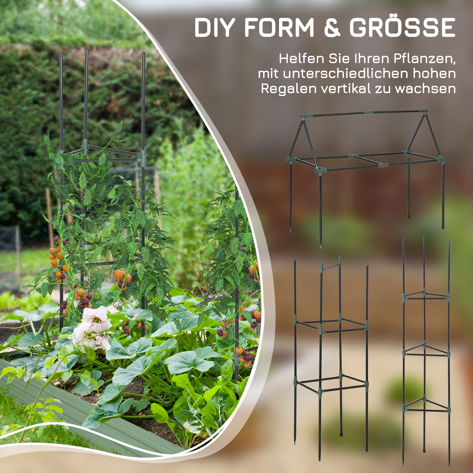 Plant Support 3-Piece Set, Plant Holder with 3 Levels, Garden Plant Support Stakes, Trellis, Tomato Cage for Climbing Plants, Steel, Green, 38 x 38 x 182 cm