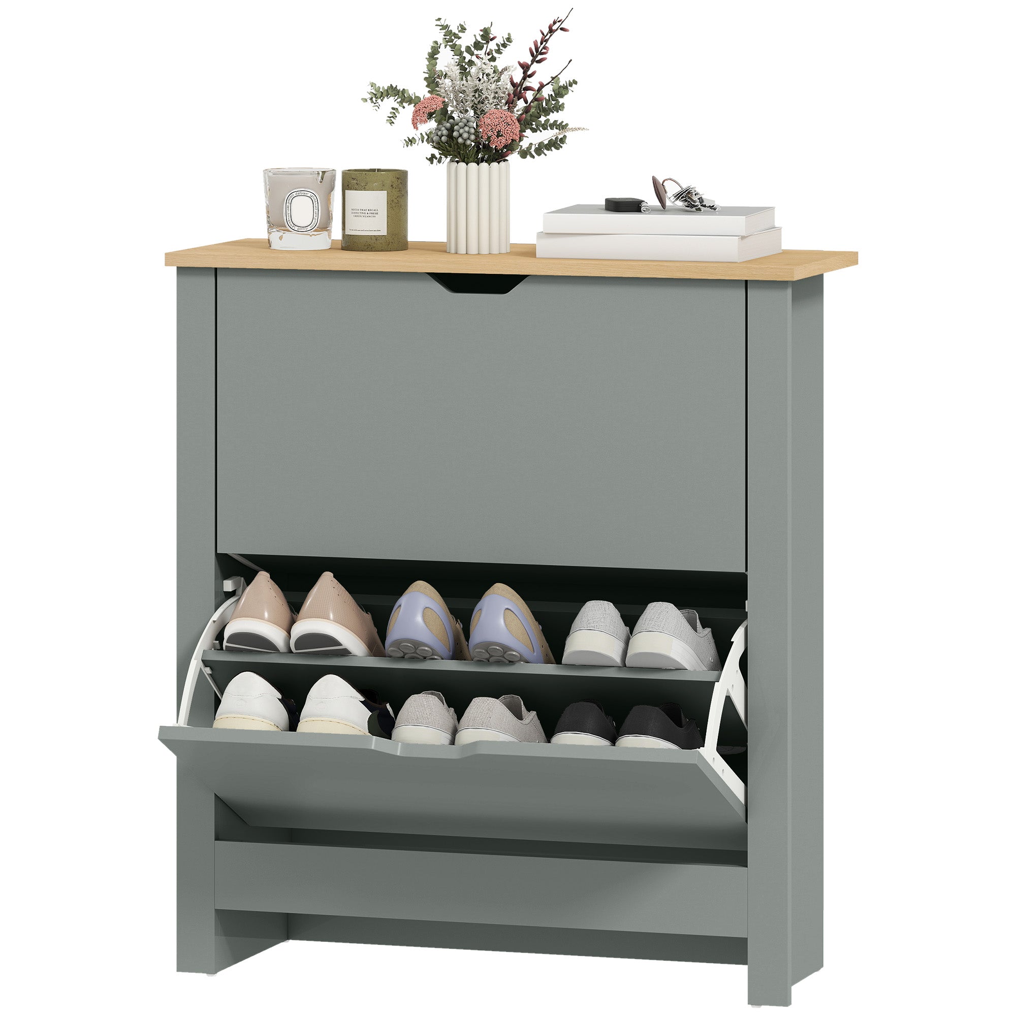 Shoe Cabinet with 2 Flip Drawers – Slim Shoe Rack with Adjustable Divider for up to 12 Pairs, 28.3 x 10.2 x 31.5 in, Light Gray